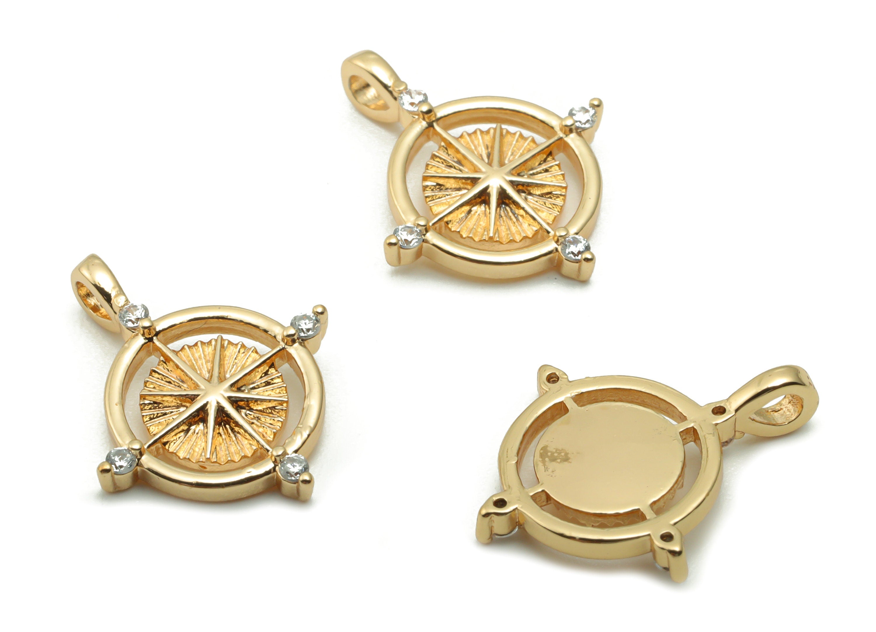 Brass Round Earring Charms With Zircons - Gold Compass Pendant - 18K Real Gold Plated Brass - 15.73x12.58x1.86mm - RGP4193 - DOMEDBAZAAR