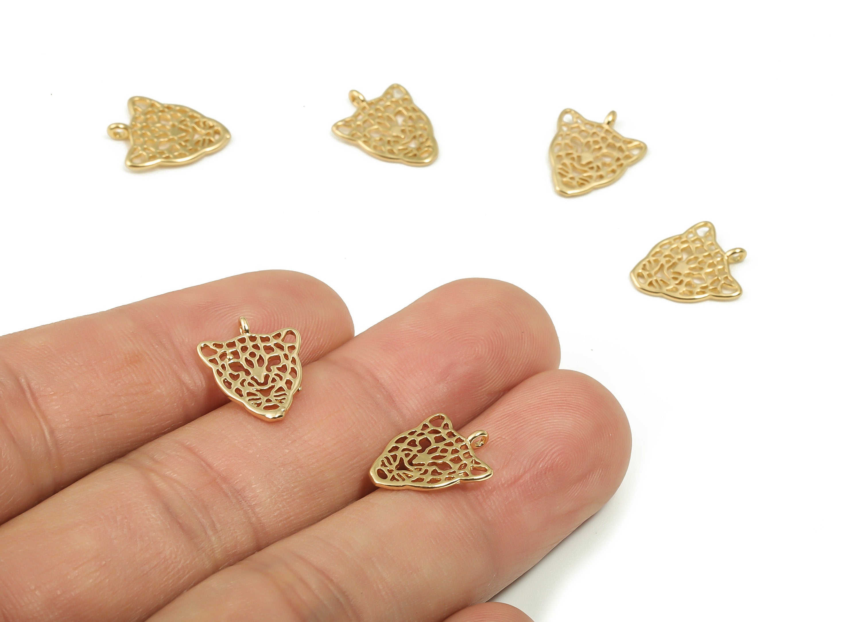 Brass Hollow Jaguar Earring Charms - Gold Tiger Pendant - 18K Real Gold Plated Brass - Jewelry Making Supplies - 14.48x11.43x0.9mm - RGP4167 - DOMEDBAZAAR