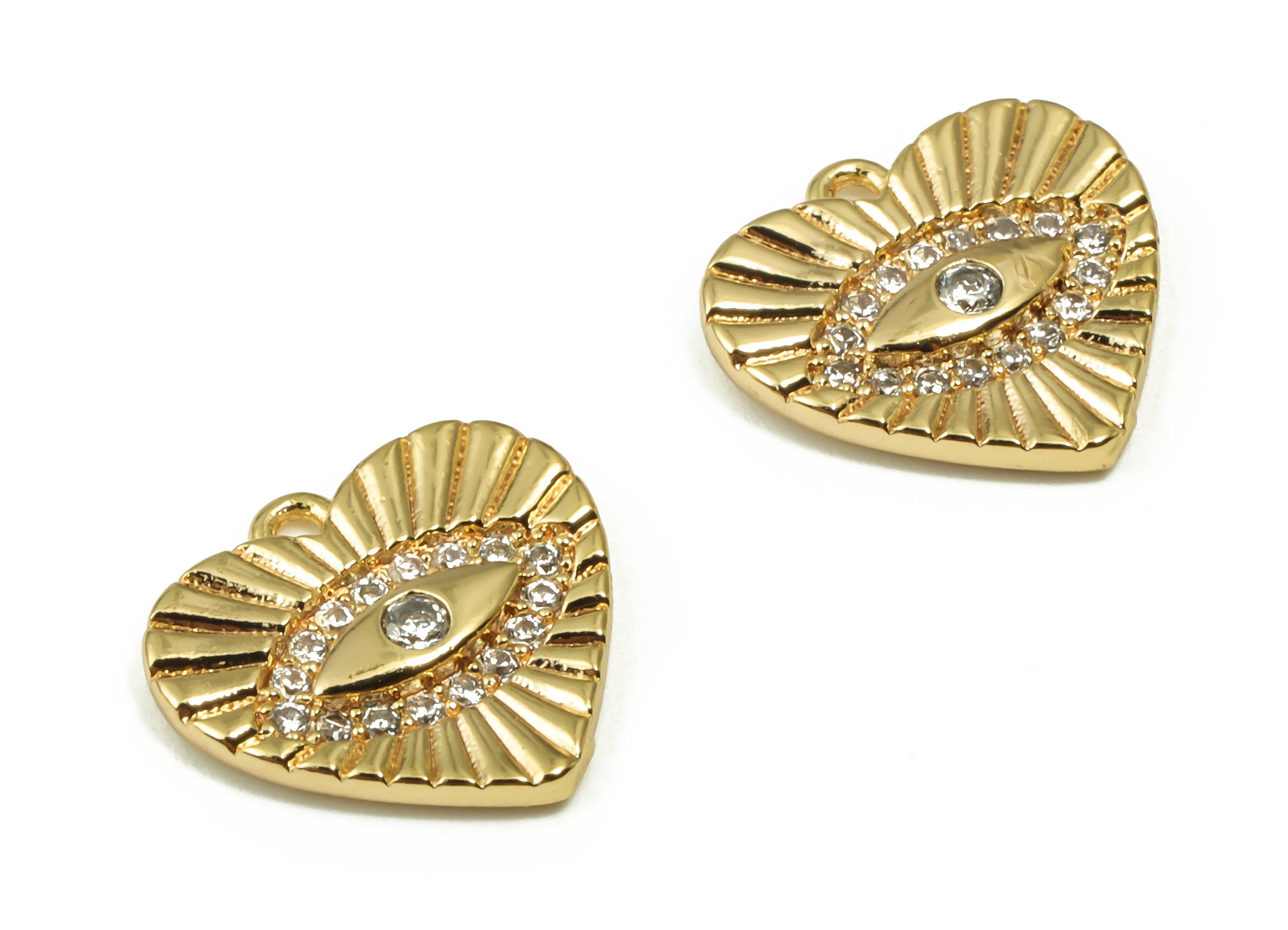 Brass Heart Earring Charms With Zircons - Gold Eye Pendant - 18K Real Gold Plated Brass - Jewelry Supplies - 11.95x11.67x1.88mm - RGP4162 - DOMEDBAZAAR