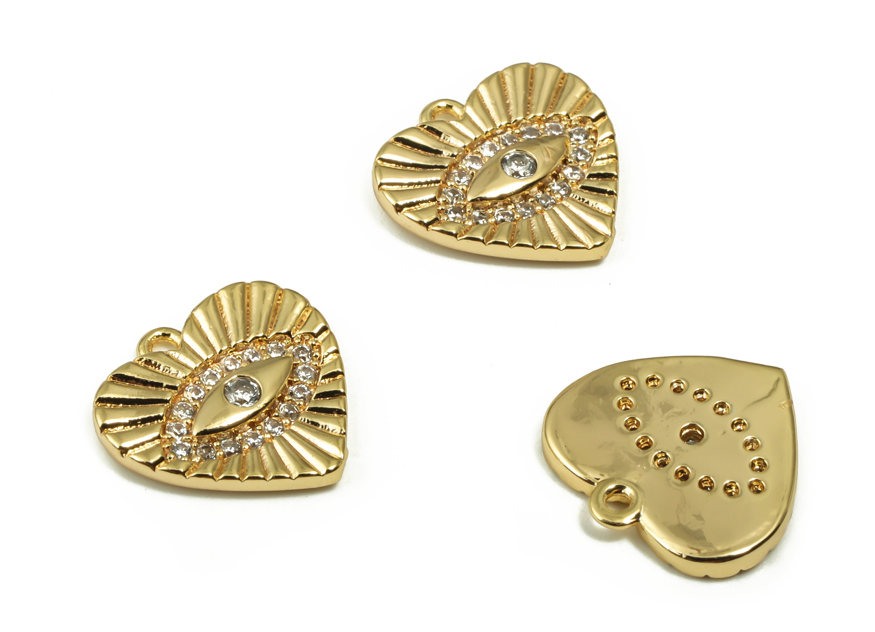 Brass Heart Earring Charms With Zircons - Gold Eye Pendant - 18K Real Gold Plated Brass - Jewelry Supplies - 11.95x11.67x1.88mm - RGP4162 - DOMEDBAZAAR