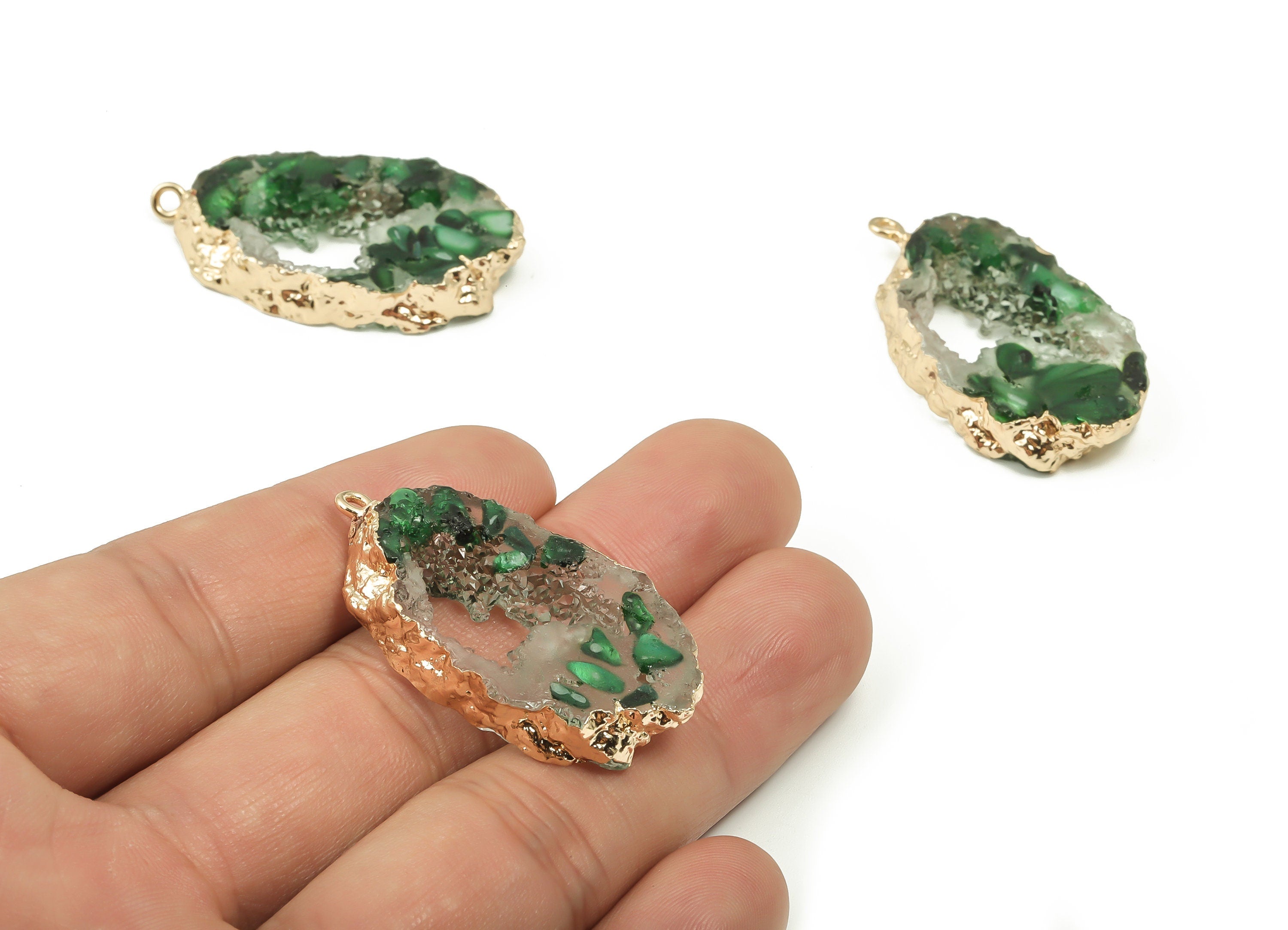 Druzy Resin Geometry Earring Charms - Druzy Resin Pendant - Brass Shell Pendant - Gold Tone Plating Green Charm - 39.87x21.26x6.13mm -RC1195 - DOMEDBAZAAR