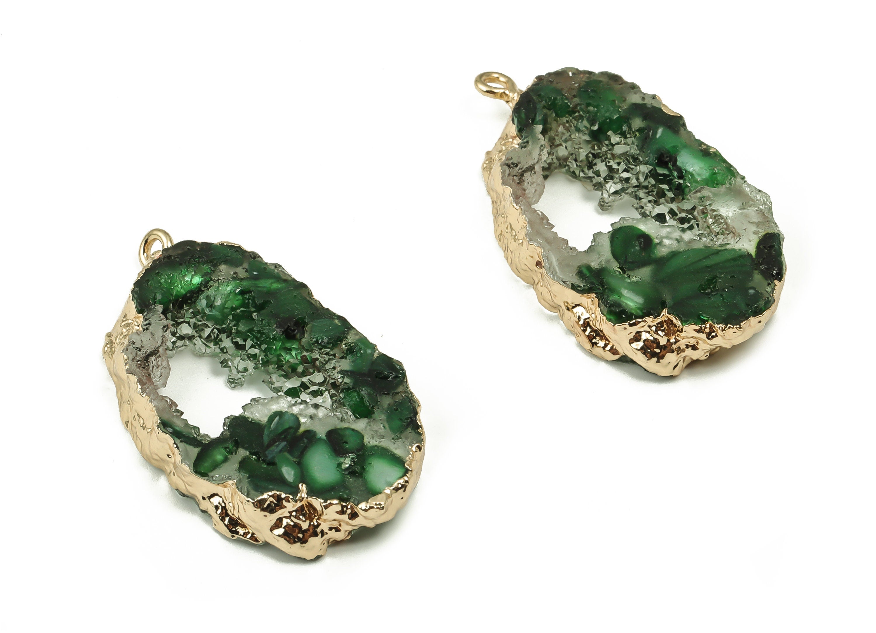 Druzy Resin Geometry Earring Charms - Druzy Resin Pendant - Brass Shell Pendant - Gold Tone Plating Green Charm - 39.87x21.26x6.13mm -RC1195 - DOMEDBAZAAR