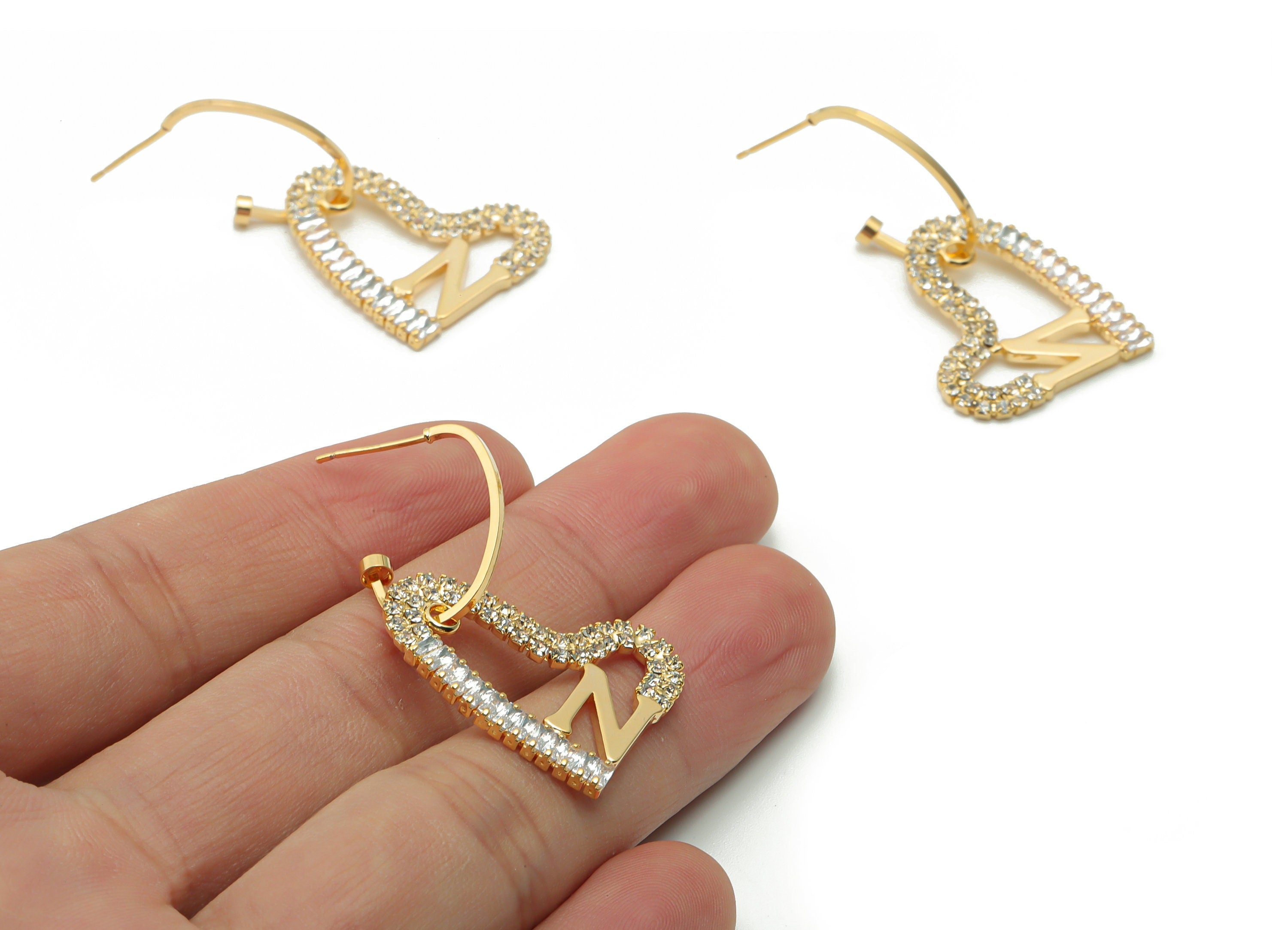 Brass Heart N Earring Stud With Zircons - Gold Heart N Post - 18K Real Gold Plated Brass - Jewelry Supplies - 27.23x21.89x1.88mm - RGP4171 - DOMEDBAZAAR