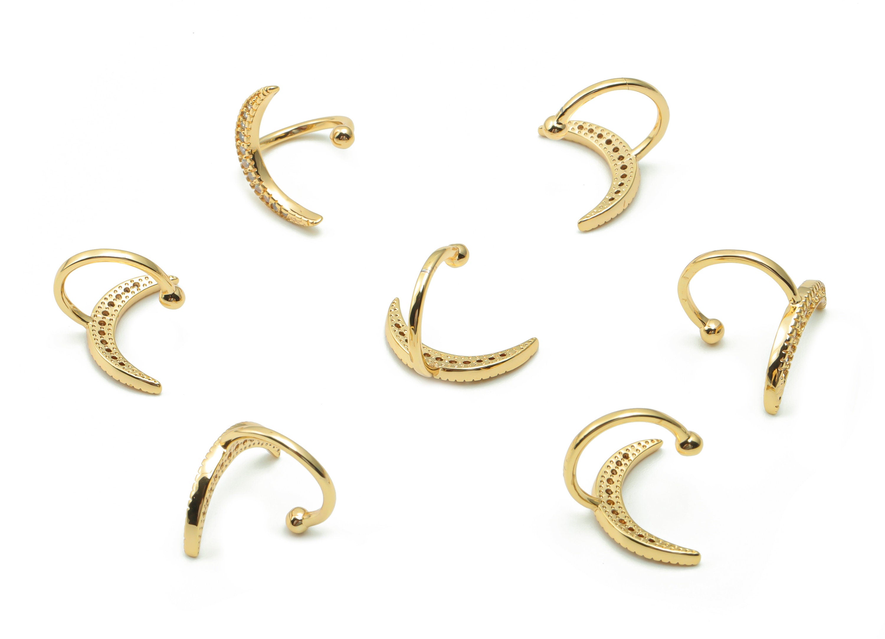 Brass Crescent Earring Earcuff With Zircons - Gold Moon Earcuff - 18K Real Gold Plated Brass - Jewelry Supplies - 14.77x12.4x1.6mm - RGP4181 - DOMEDBAZAAR