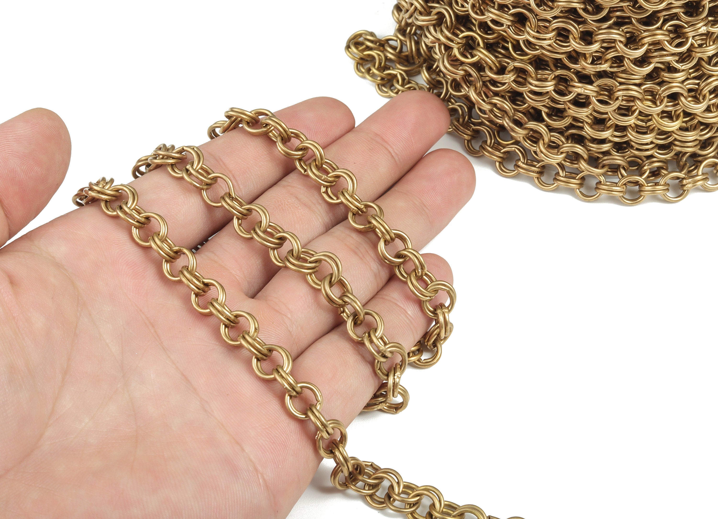 Round Link Cable Chain - Round Rolo Cable Chain - Raw Brass Round Chain - Soldered Double Circle Chain For Bracelet 0.32"x0.32"x0.09" CC1198 - DOMEDBAZAAR