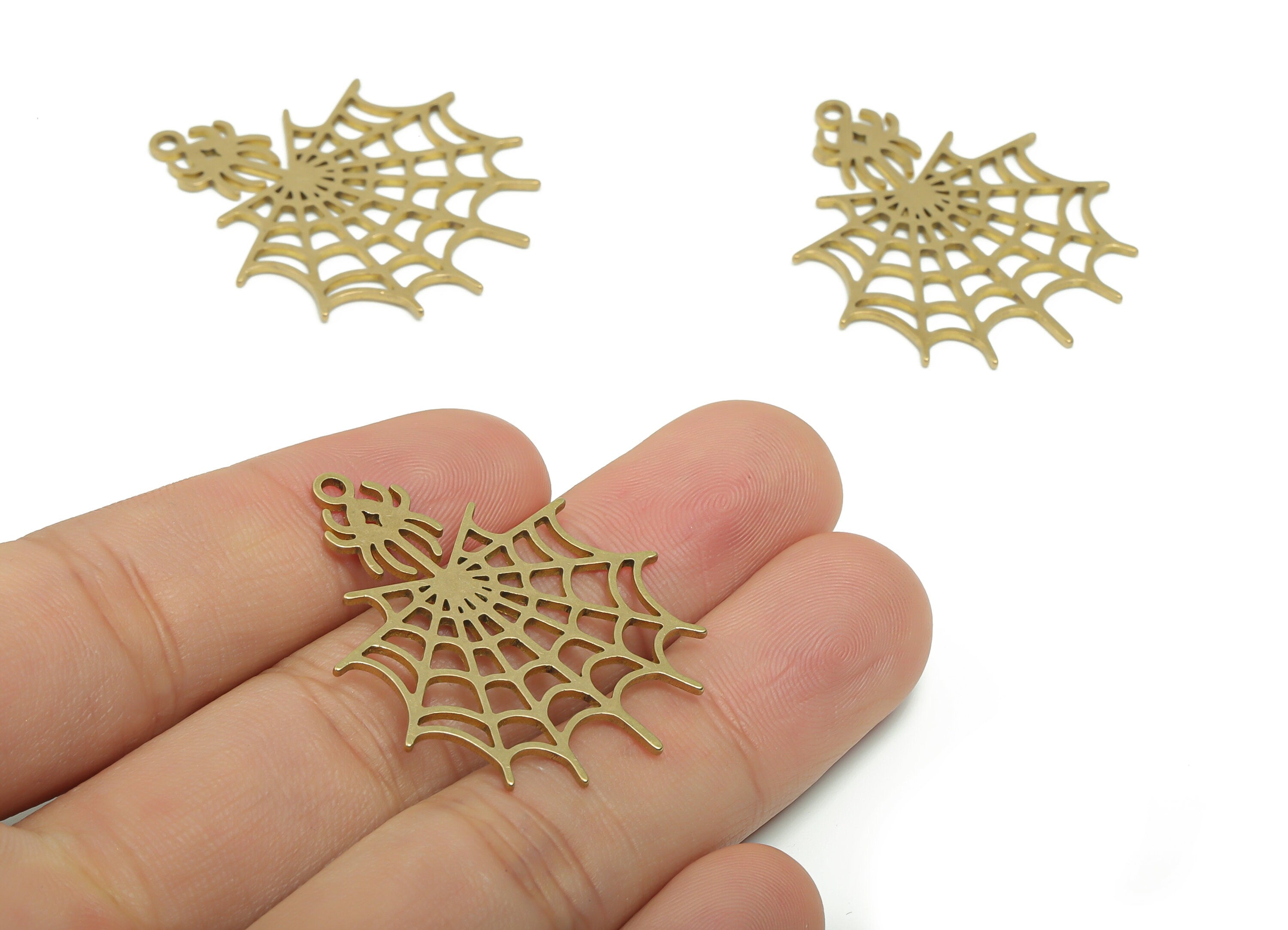 Brass Spider Earring Charms - Raw Brass Spider Web Pendant - Jewelry Making Supplies - 37.73x31.72x0.86mm - PPZ0081 - DOMEDBAZAAR