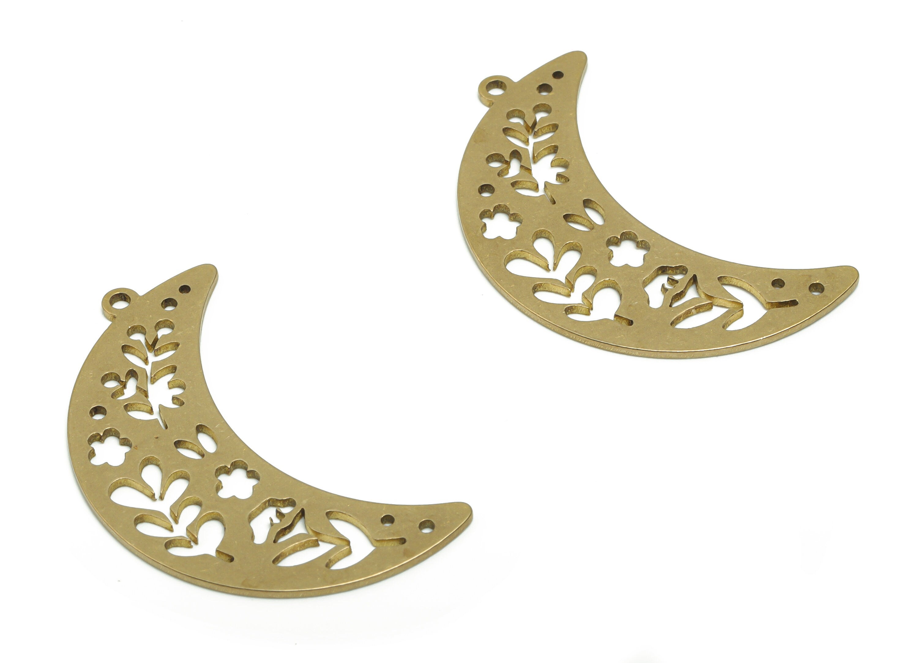 Brass Crescent Flower Earring Charms - Raw Brass Moon Branch Pendant - Jewelry Making Supplies - 36.58x18.79x0.84mm - PPA0487 - DOMEDBAZAAR