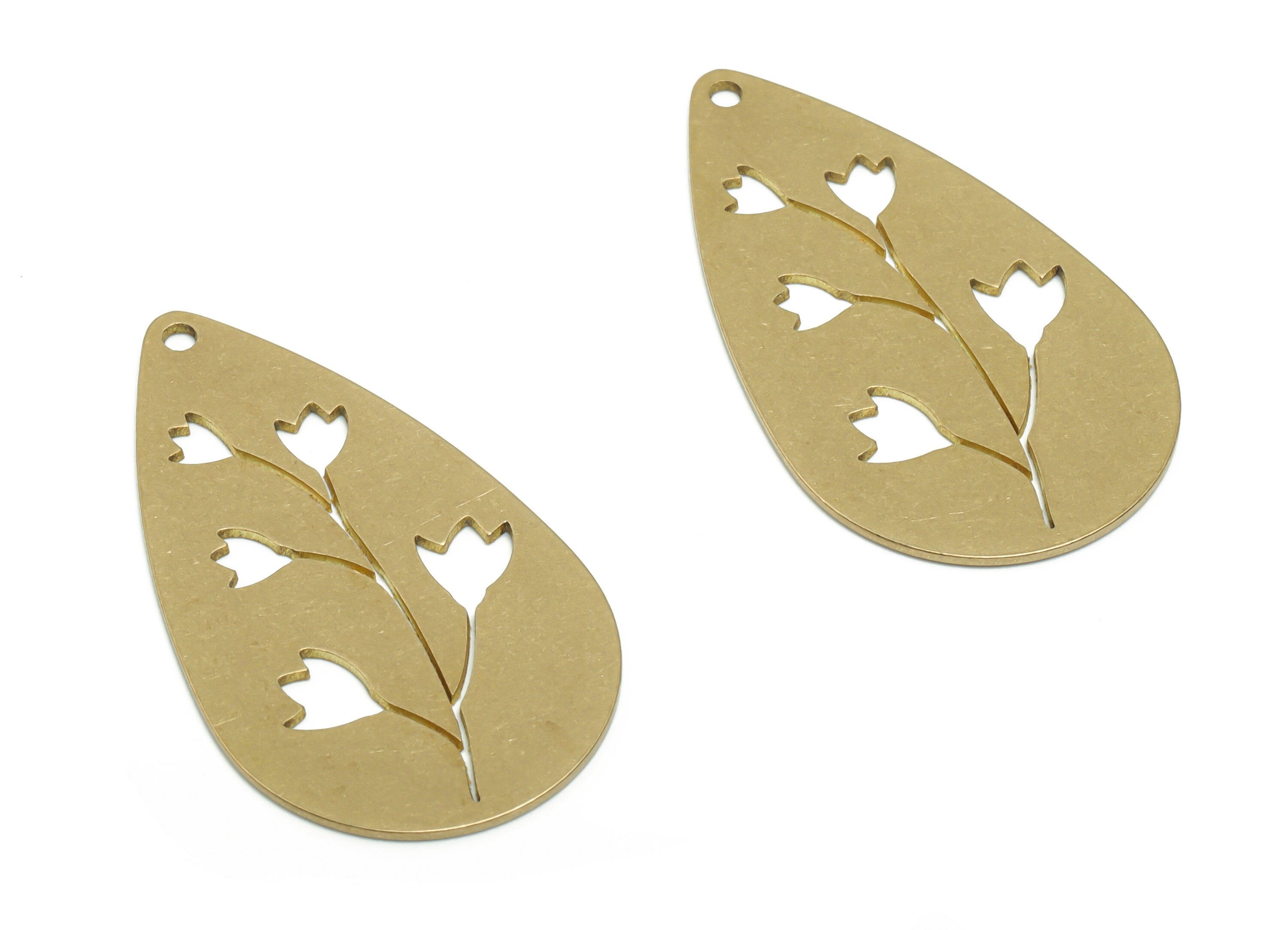 Brass Drop Flower Earring Charms - Raw Brass Flower Drop Pendant - Jewelry Making Supplies - 34.78x20.18x0.65mm - PPZ0382 - DOMEDBAZAAR