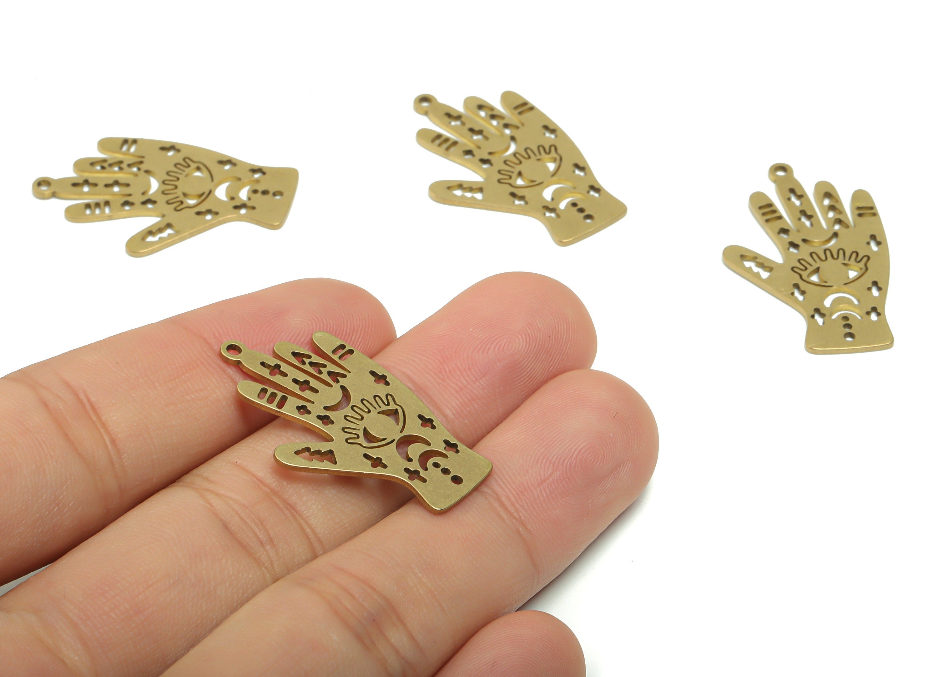 Brass Hand Eye Earring Charms - Raw Brass Moon Star Heart Pendant - DIY Jewelry Making Supplies - 31.61x19.7x0.86mm - PPZ0082 - DOMEDBAZAAR