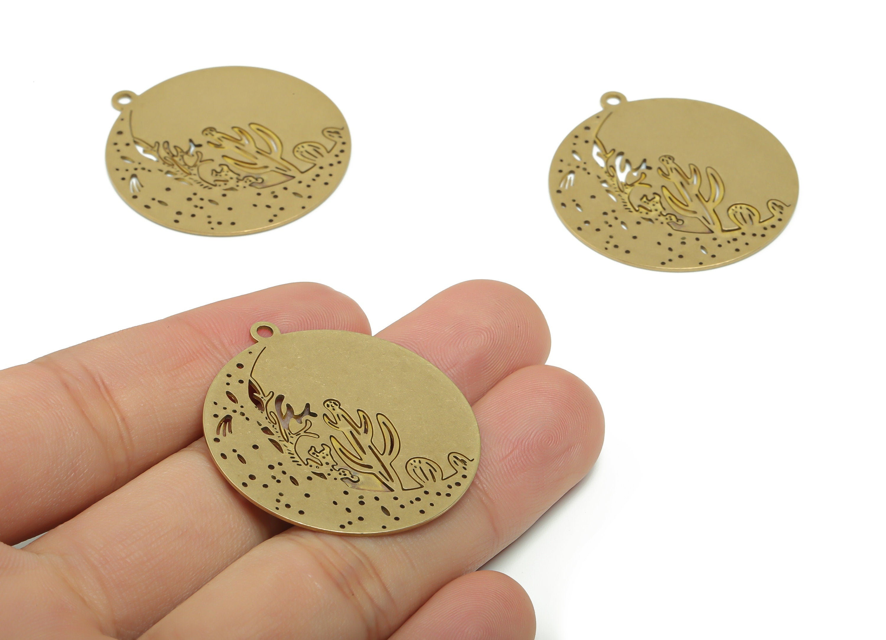 Brass Round Desert Cactus Earring Charms - Raw Brass Desert Cactus Circle Pendant - Jewelry Making Supplies - 37.82x34.87x0.62mm - PPA0356 - DOMEDBAZAAR