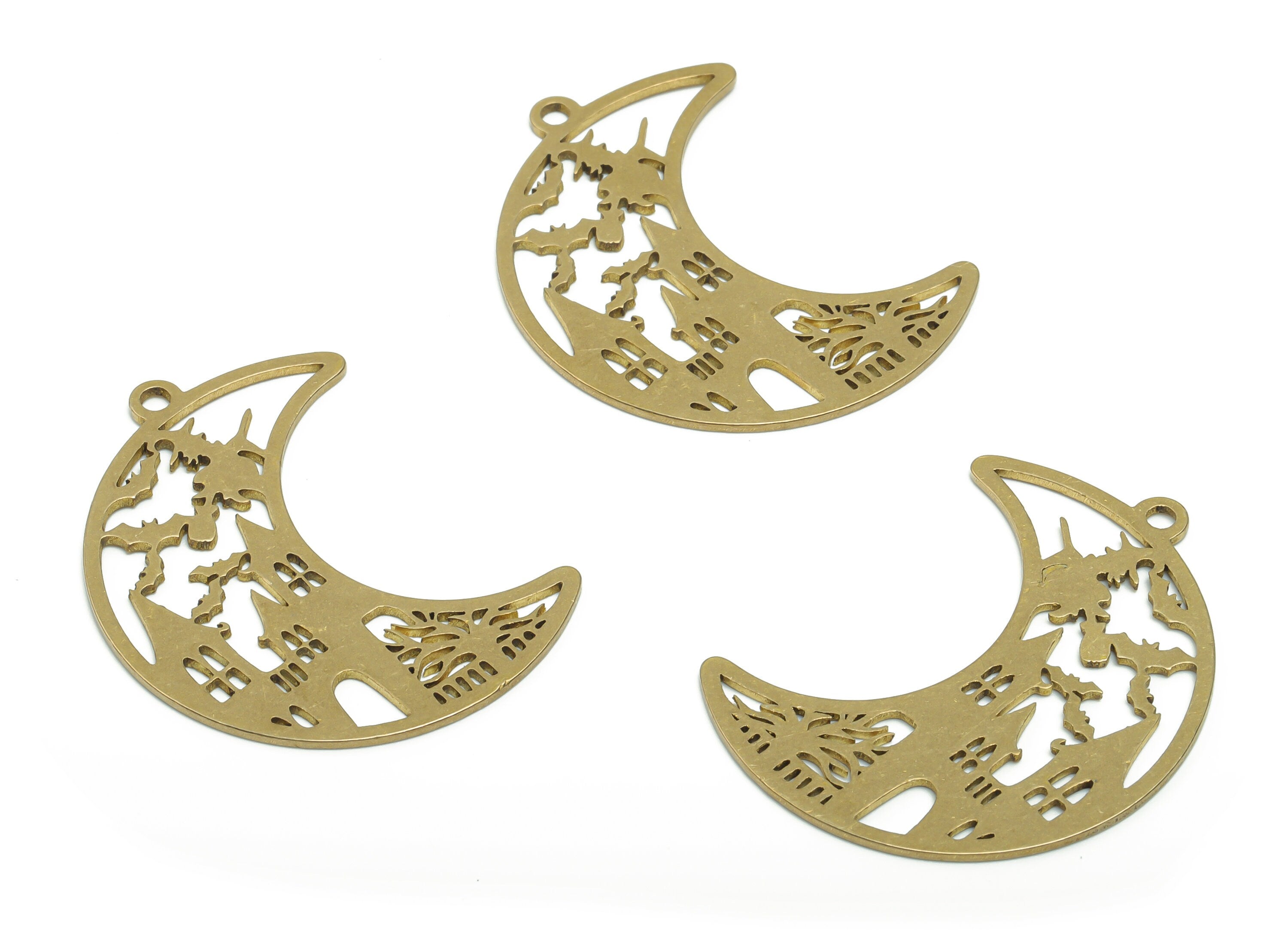 Brass Crescent House Bat Earring Charms - Raw Brass Dracula Moon Tree Pendant - Jewelry Making Supplies - 37.52x28.49x0.86mm - PPZ0092 - DOMEDBAZAAR