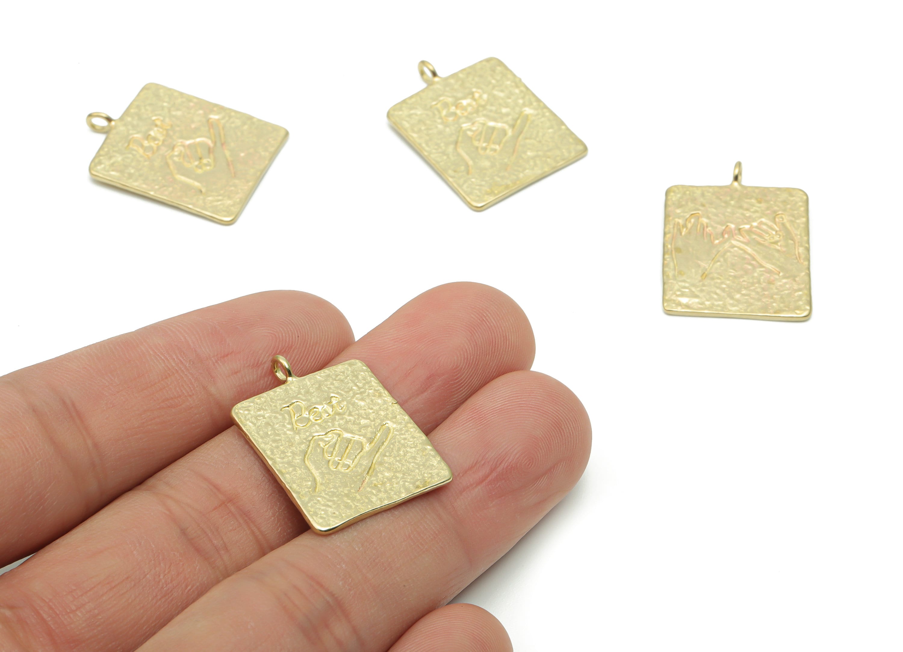 Brass Hammered Square Hand Pull Hook Earring Charms - Raw Brass Hand Sings Pendant - Jewelry Making Supplies - 26.04x18.87x0.94mm - PP5015 - DOMEDBAZAAR