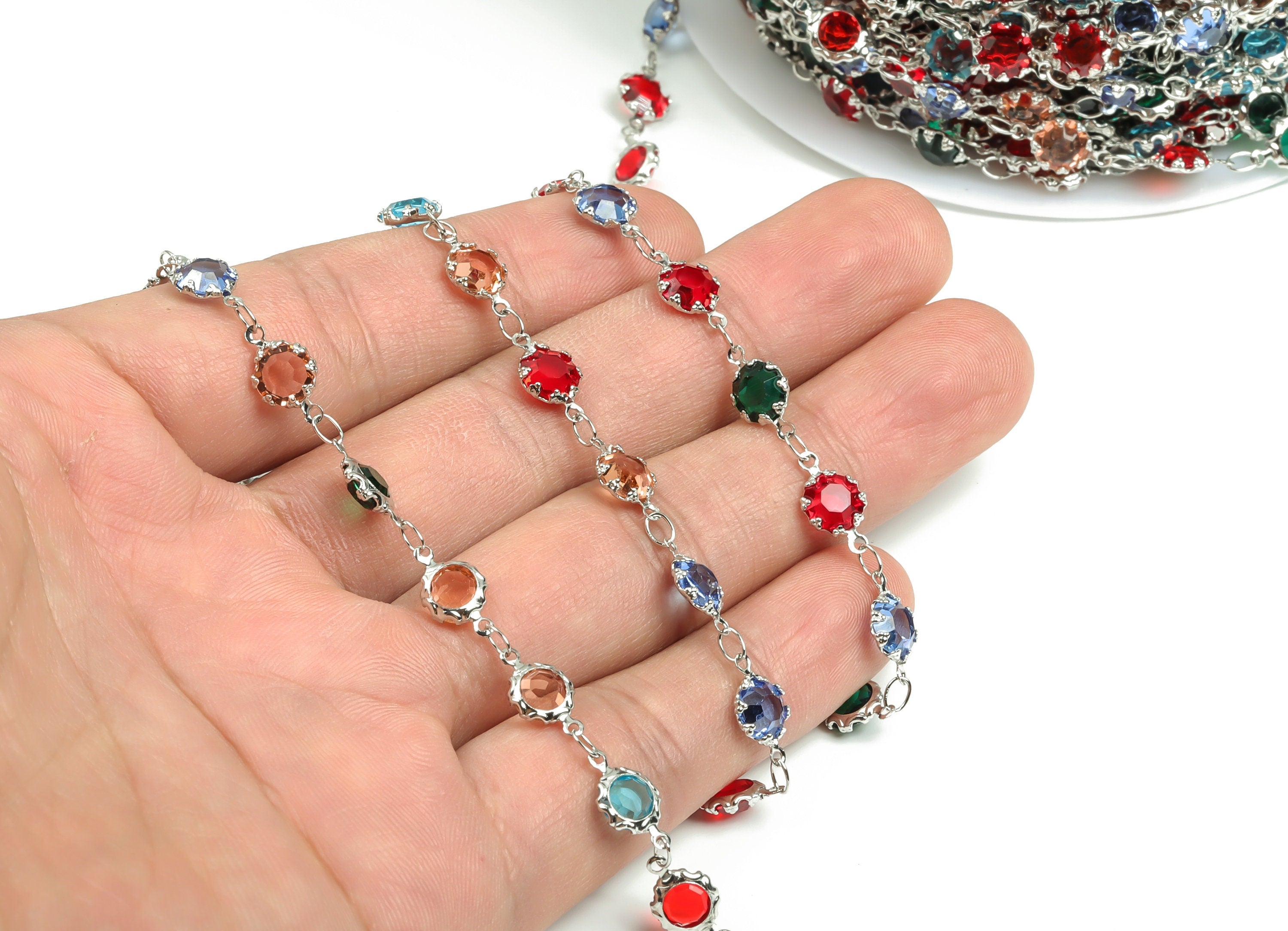 Glass Bead Chain - Silver Tone Plated Brass Chain - Soldered Round Colorful Beaded Chain - For Necklace Bracelet 0.46"x0.26"x0.10" CC1208S - DOMEDBAZAAR