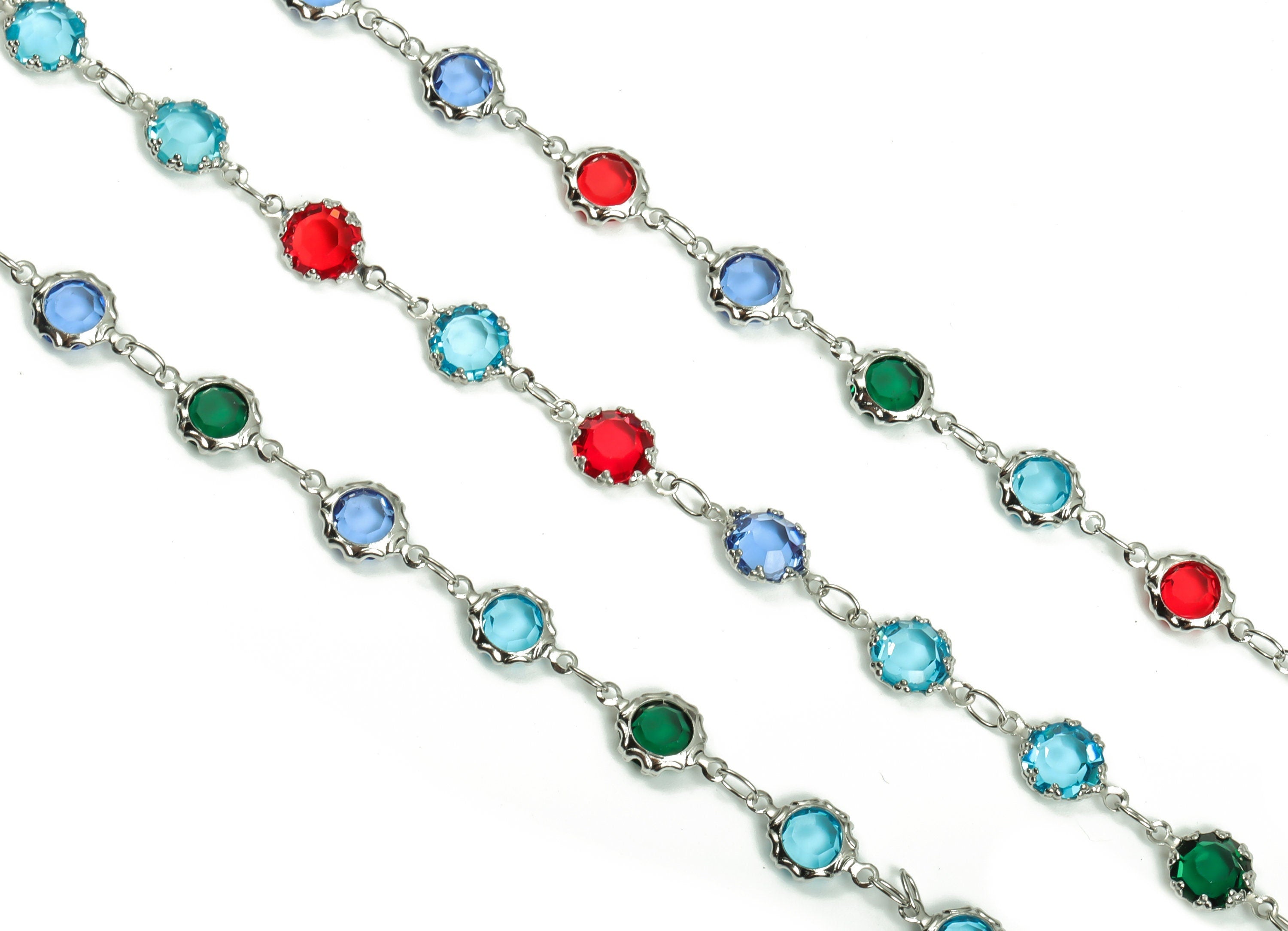 Glass Bead Chain - Silver Tone Plated Brass Chain - Soldered Round Colorful Beaded Chain - For Necklace Bracelet 0.46"x0.26"x0.10" CC1208S - DOMEDBAZAAR