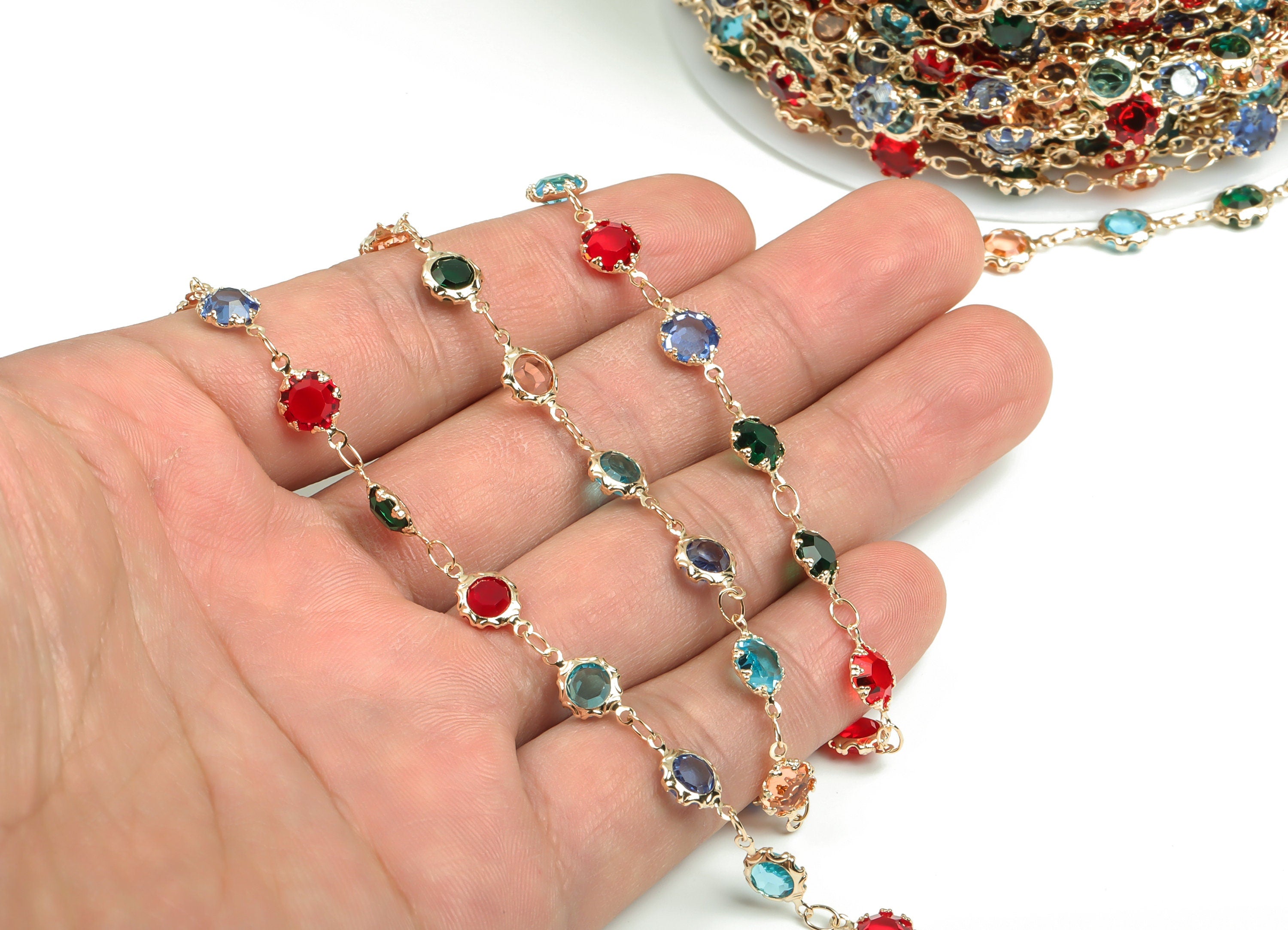 Glass Bead Chain - KC Gold Tone Plated Brass Chain - Soldered Round Colorful Beaded Chain - For Necklace Bracelet 0.46"x0.26"x0.10" CC1208G - DOMEDBAZAAR