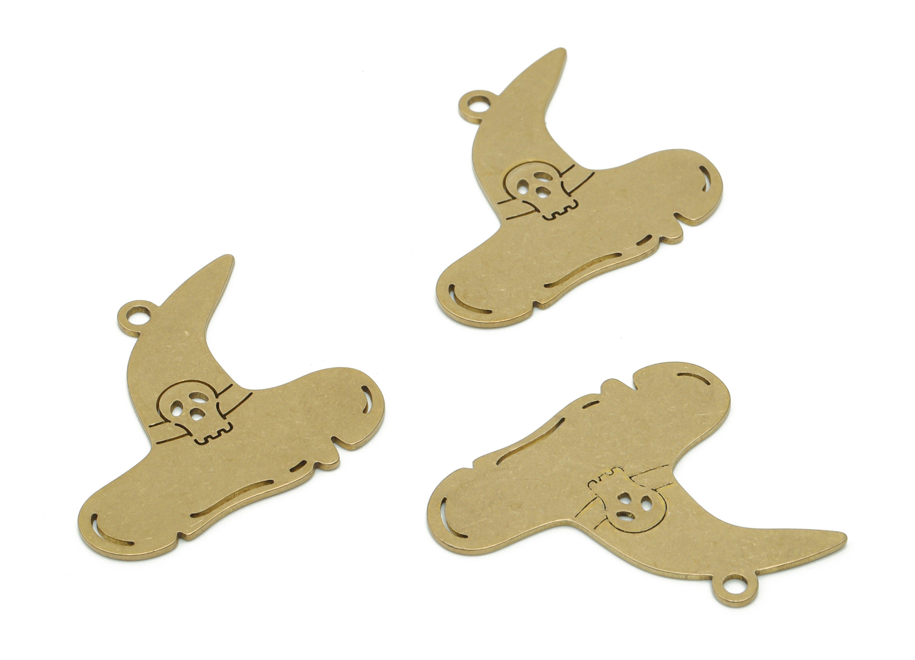 Brass Witch Hat Skull Earring Charms - Raw Brass Skull Witch Hat Pendant - DIY Jewelry Making Supplies - 29.86x26.07x0.72mm - PPZ0131 - DOMEDBAZAAR