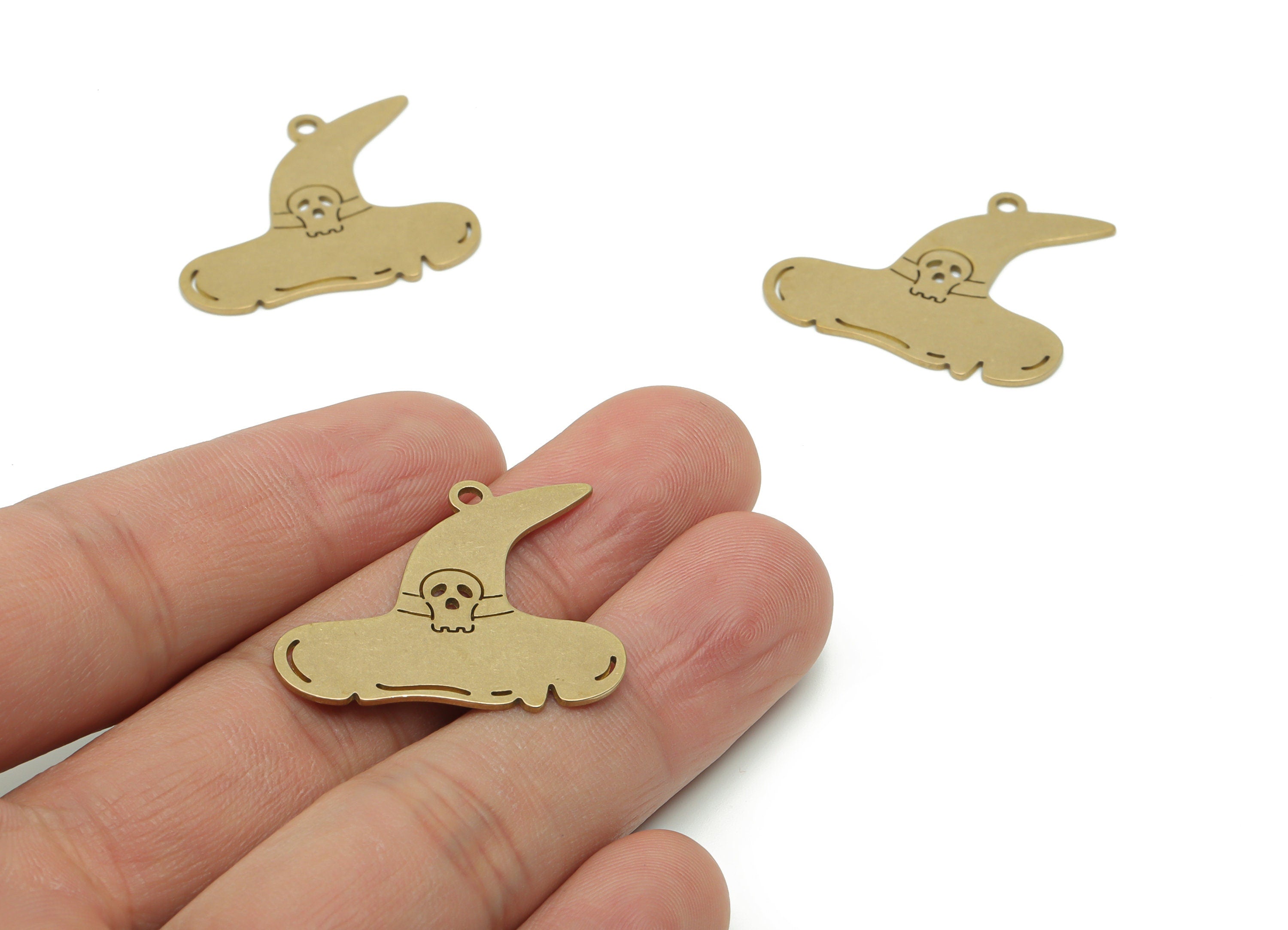 Brass Witch Hat Skull Earring Charms - Raw Brass Skull Witch Hat Pendant - DIY Jewelry Making Supplies - 29.86x26.07x0.72mm - PPZ0131 - DOMEDBAZAAR