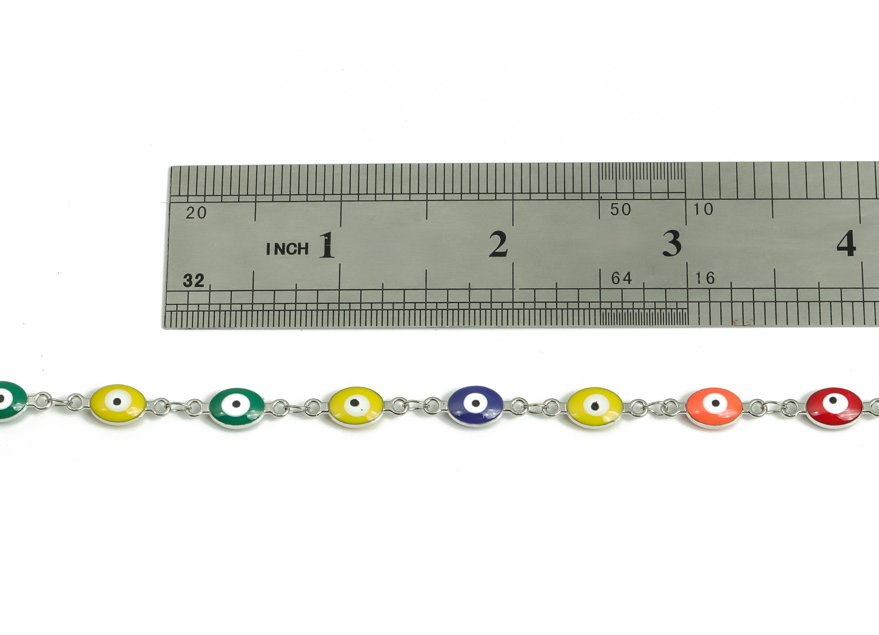 Evil Eye Enamel Chain - Silver Tone Plated Brass Chain - Soldered Marquise Multi Color Beaded Chain - For Bracelet 0.60"x0.24"x0.15" CC1209S - DOMEDBAZAAR