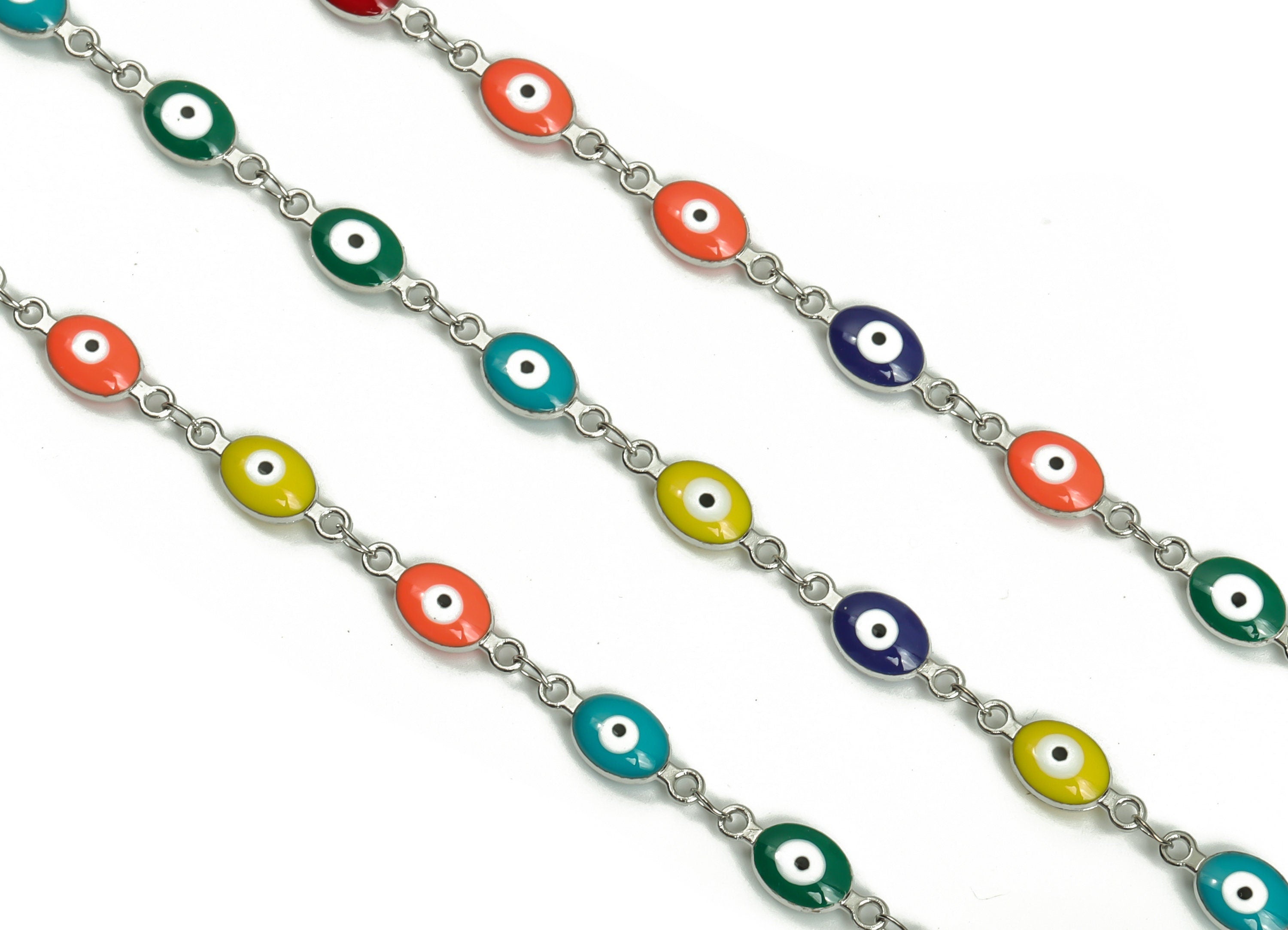 Evil Eye Enamel Chain - Silver Tone Plated Brass Chain - Soldered Marquise Multi Color Beaded Chain - For Bracelet 0.60"x0.24"x0.15" CC1209S - DOMEDBAZAAR