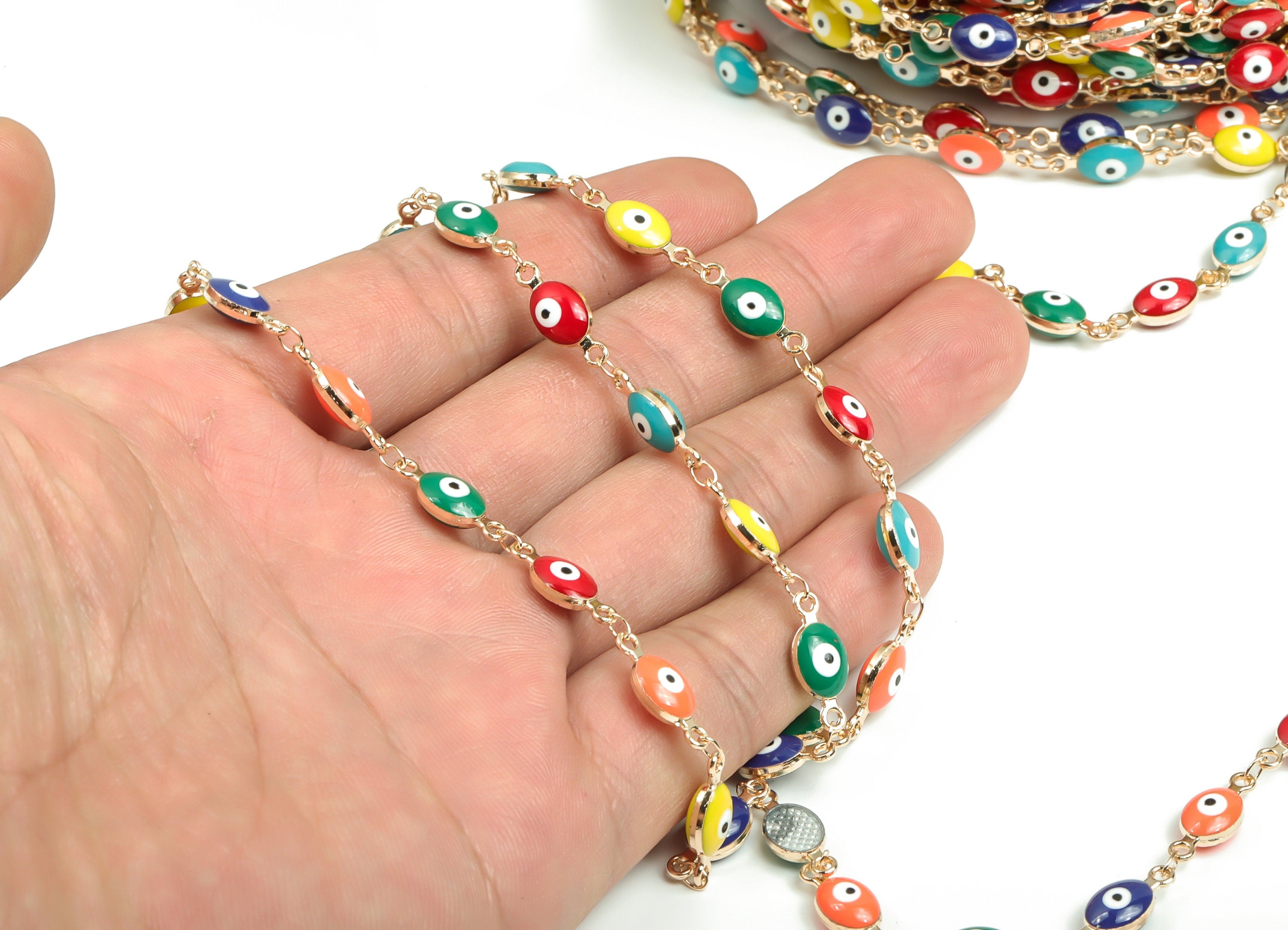 Evil Eye Enamel Chain - KC Gold Tone Plated Brass Chain - Soldered Marquise Multi Color Beaded Chain-For Bracelet 0.60"x0.24"x0.15" CC1209G - DOMEDBAZAAR