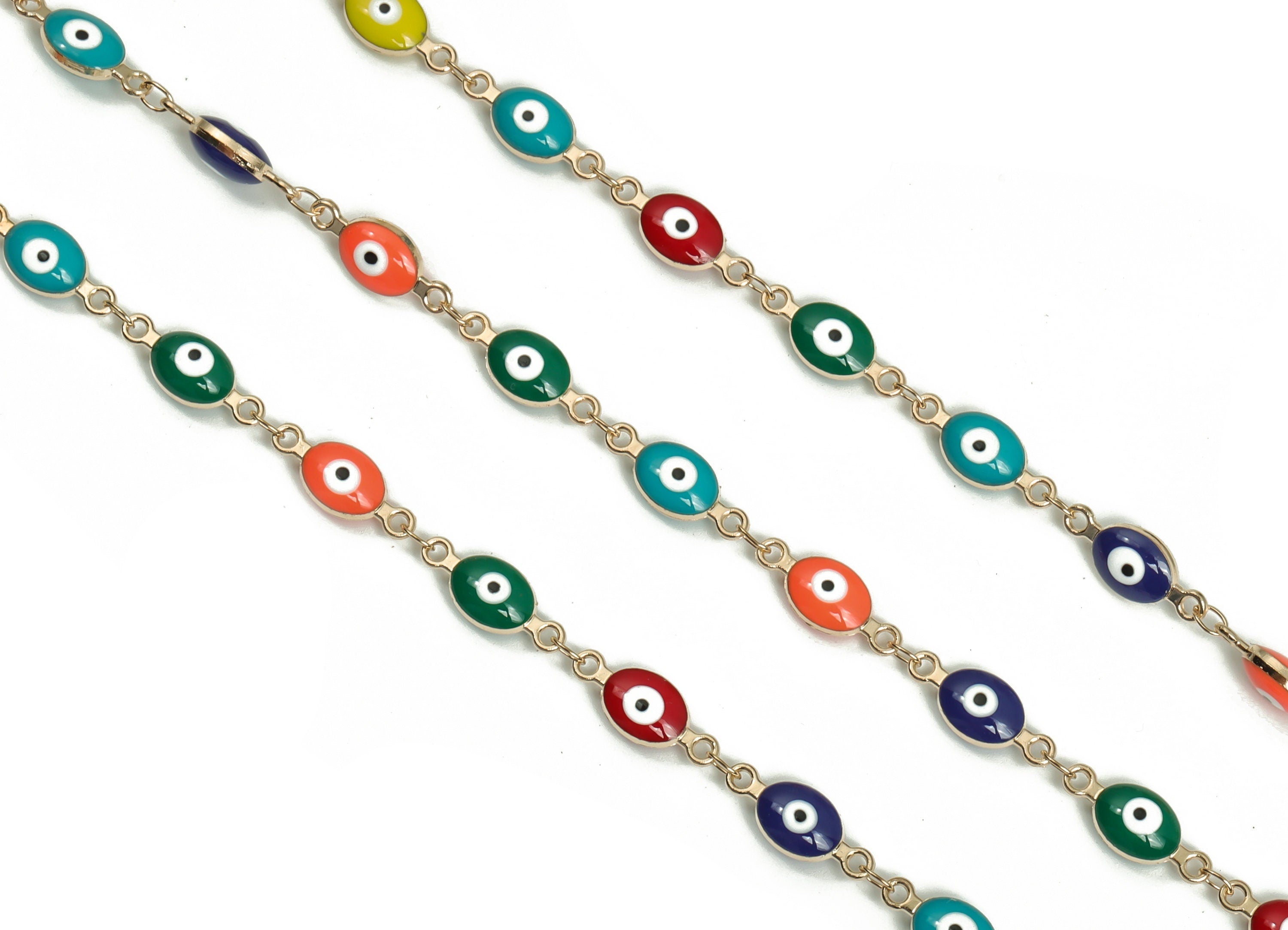 Evil Eye Enamel Chain - KC Gold Tone Plated Brass Chain - Soldered Marquise Multi Color Beaded Chain-For Bracelet 0.60"x0.24"x0.15" CC1209G - DOMEDBAZAAR