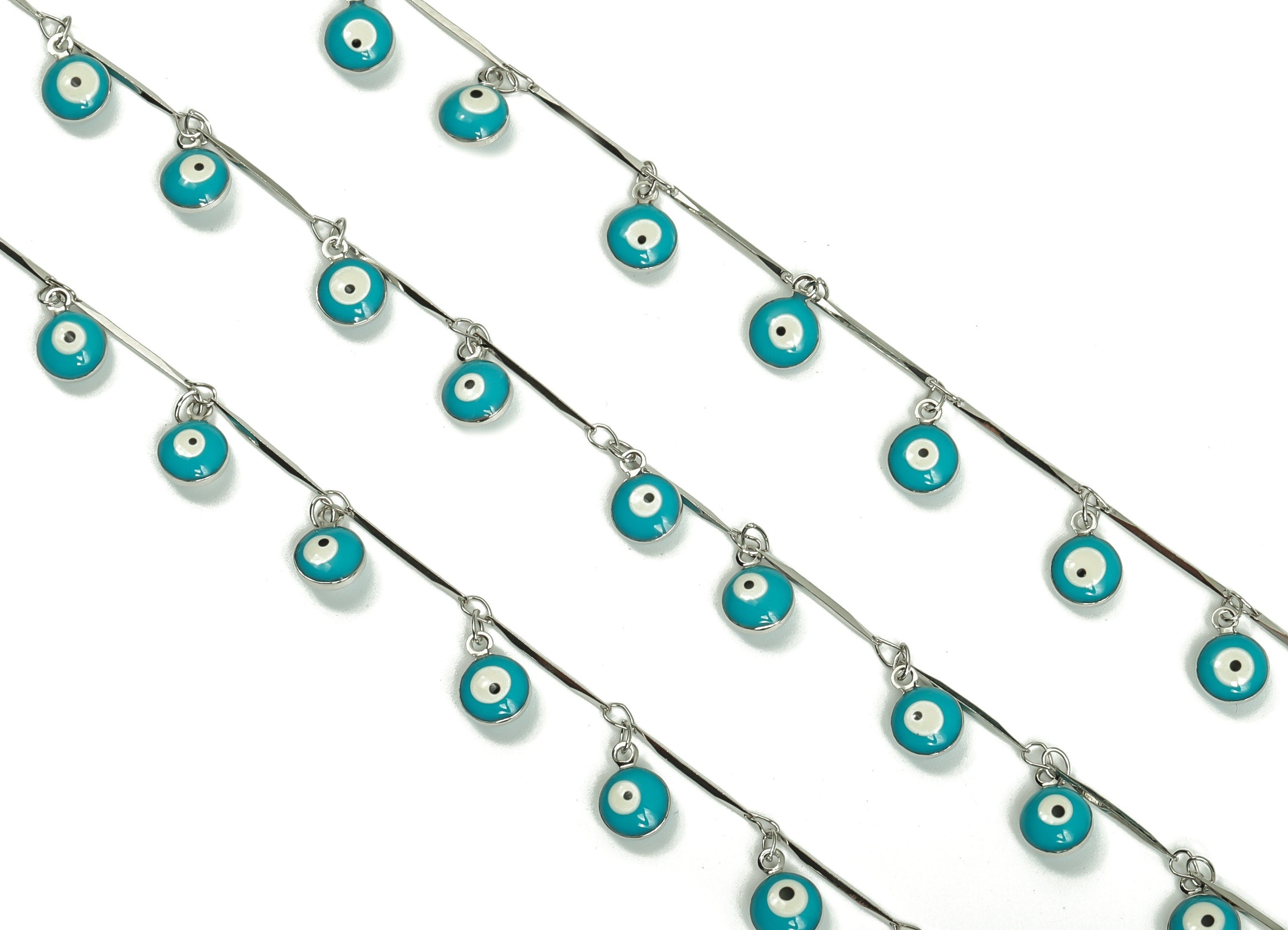 Evil Eye Enamel Chain - Silver Tone Plated Brass Chain - Soldered Marquise Multi Color Iron Beaded Chain 0.37"x0.26"x0.16" CC1210S - DOMEDBAZAAR