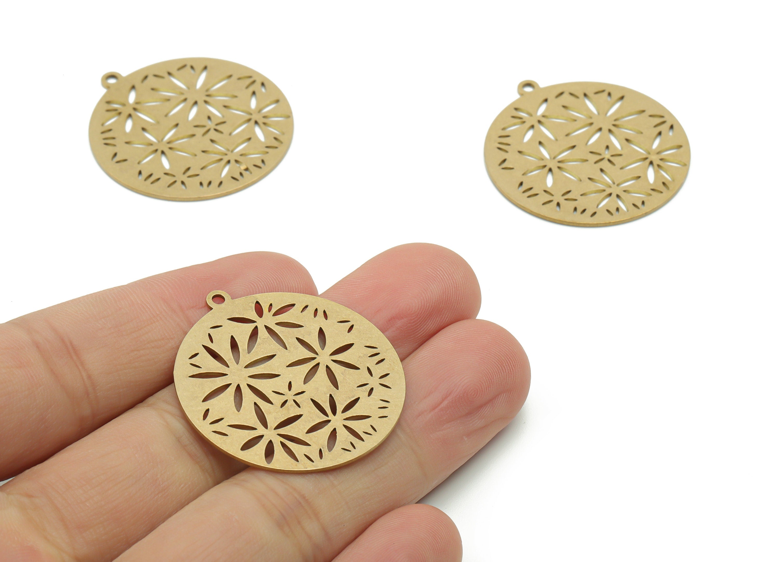 Brass Round Flowers Earring Charms - Raw Brass Flowers Circle Pendant - Jewelry Making Supplies - 34.77x31.94x0.75mm - PPA1051 - DOMEDBAZAAR