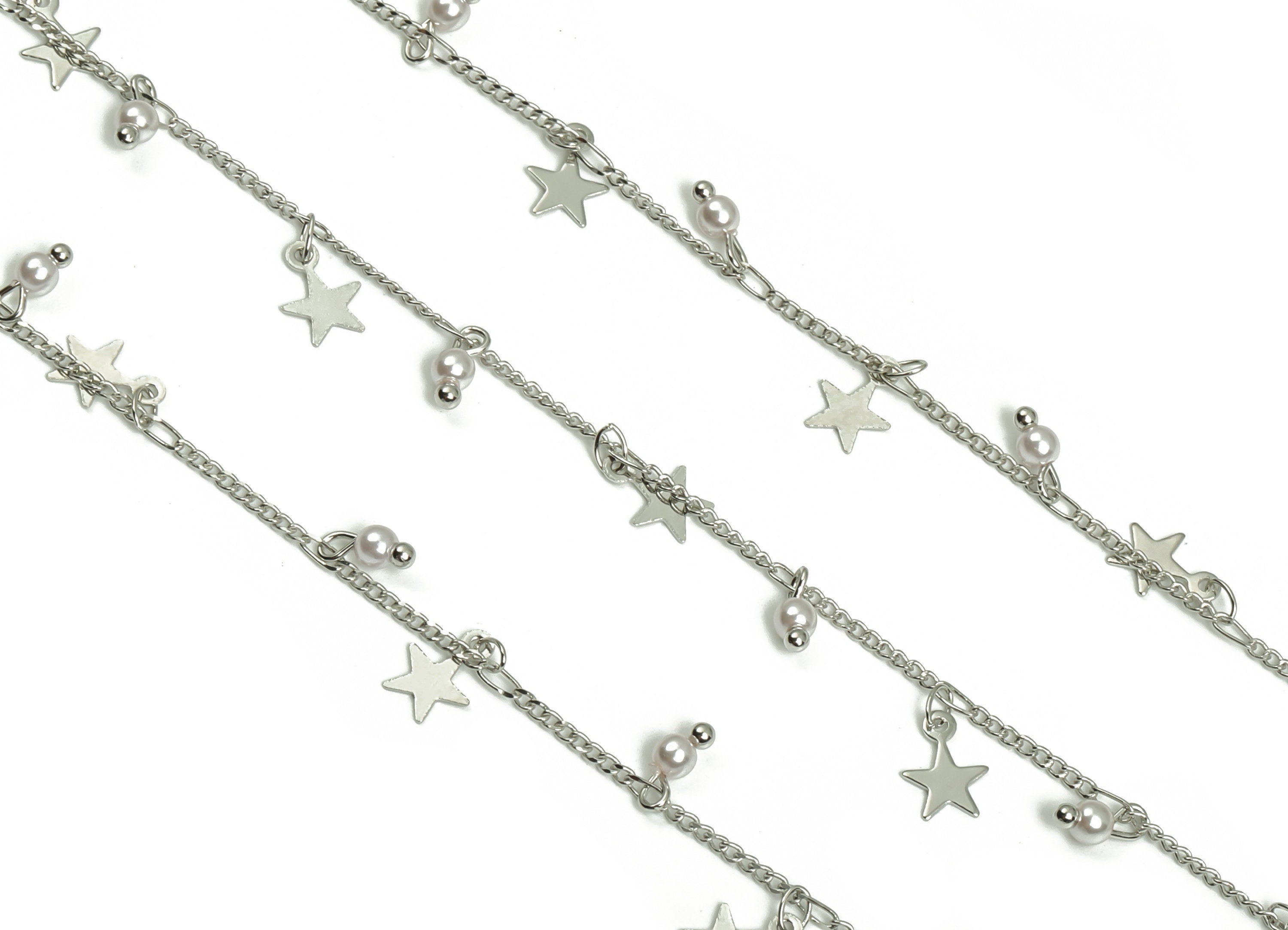 Pearl Satellite Curb Chain - Silver Tone Plated Brass Bead Chain - Soldered Star Bead Chain -For Necklace Bracelet 0.08"x0.05"x0.02" CC1212S - DOMEDBAZAAR