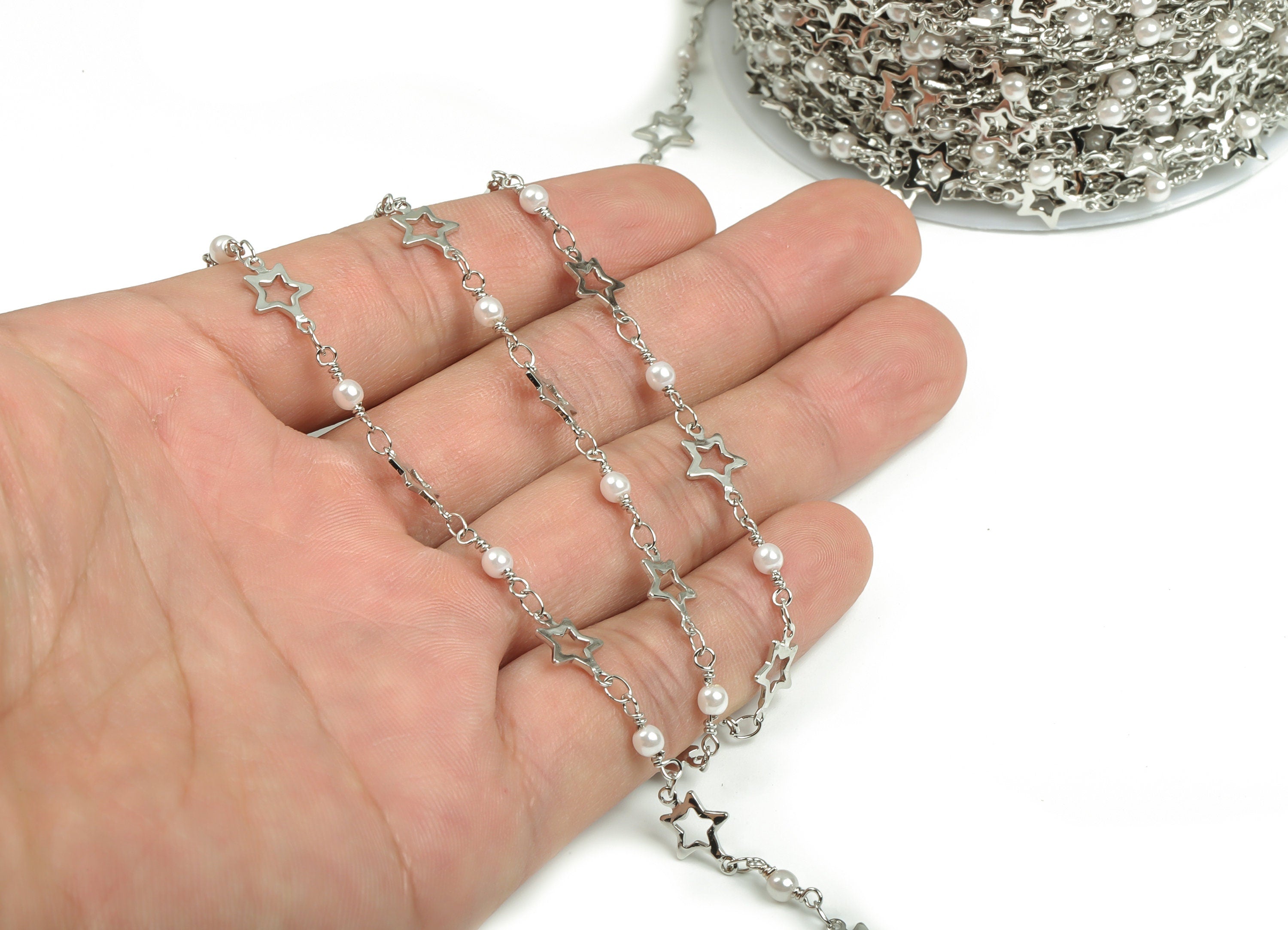 Pearl Satellite Bead Chain - Silver Tone Plated Brass Chain - Soldered Star Beaded Chain - For Necklace Bracelet 0.47"x0.31"x0.04" CC1213S - DOMEDBAZAAR