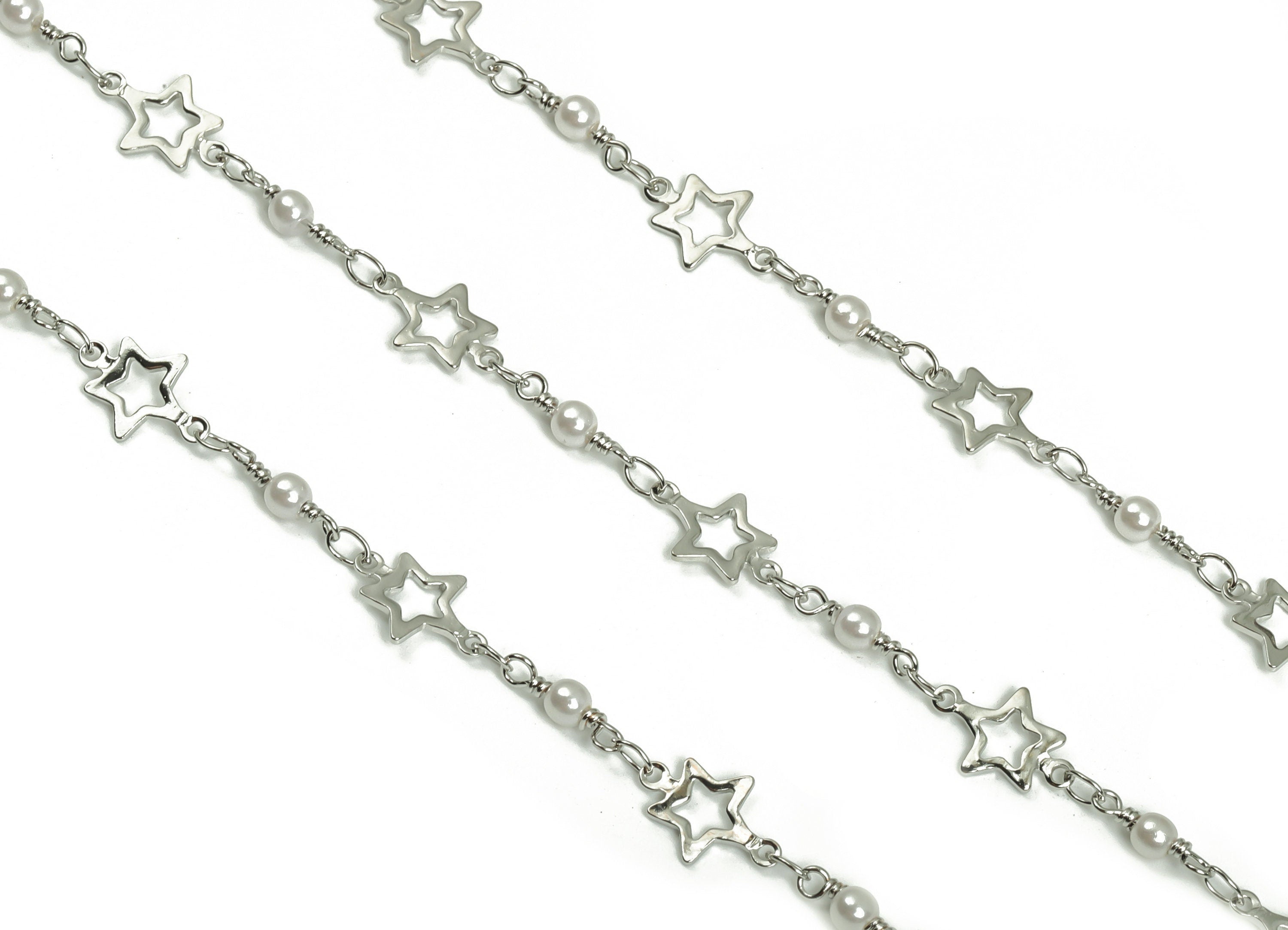 Pearl Satellite Bead Chain - Silver Tone Plated Brass Chain - Soldered Star Beaded Chain - For Necklace Bracelet 0.47"x0.31"x0.04" CC1213S - DOMEDBAZAAR
