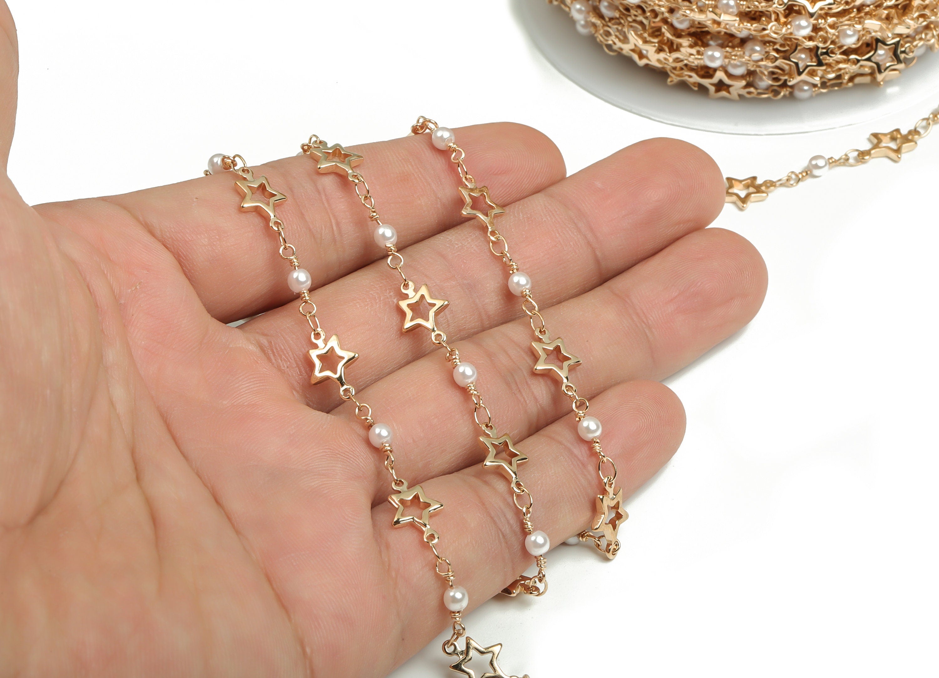 Pearl Satellite Bead Chain - KC Gold Tone Plated Brass Bead Chain - Soldered Star Bead Chain-For Necklace Bracelet 0.47"x0.31"x0.04" CC1213G - DOMEDBAZAAR