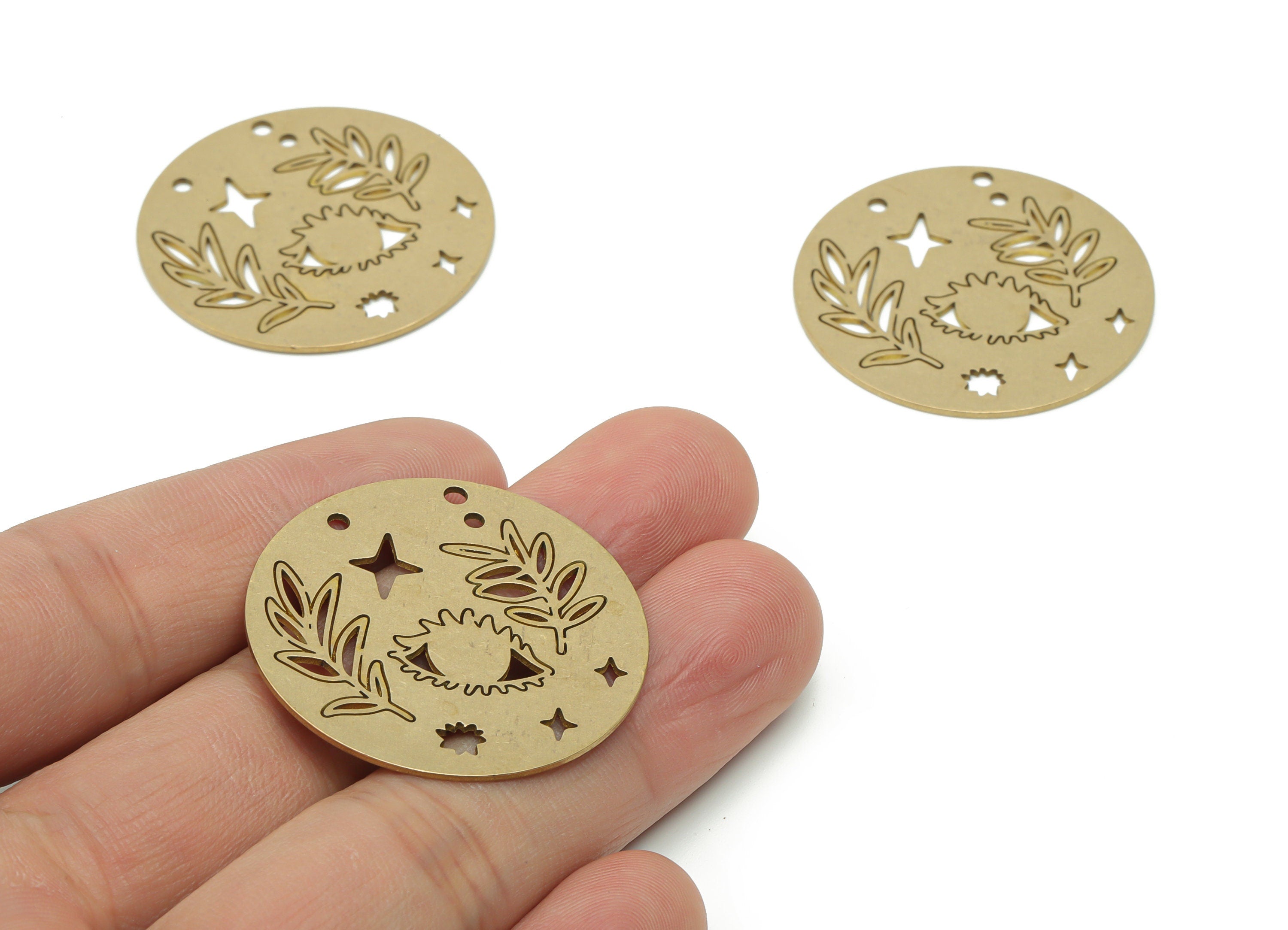 Brass Round Branch Planet Earring Charms - Raw Brass Circle Star Eye Pendant - Jewelry Making Supplies - 34.8x34.8x0.74mm - PPZ0110 - DOMEDBAZAAR
