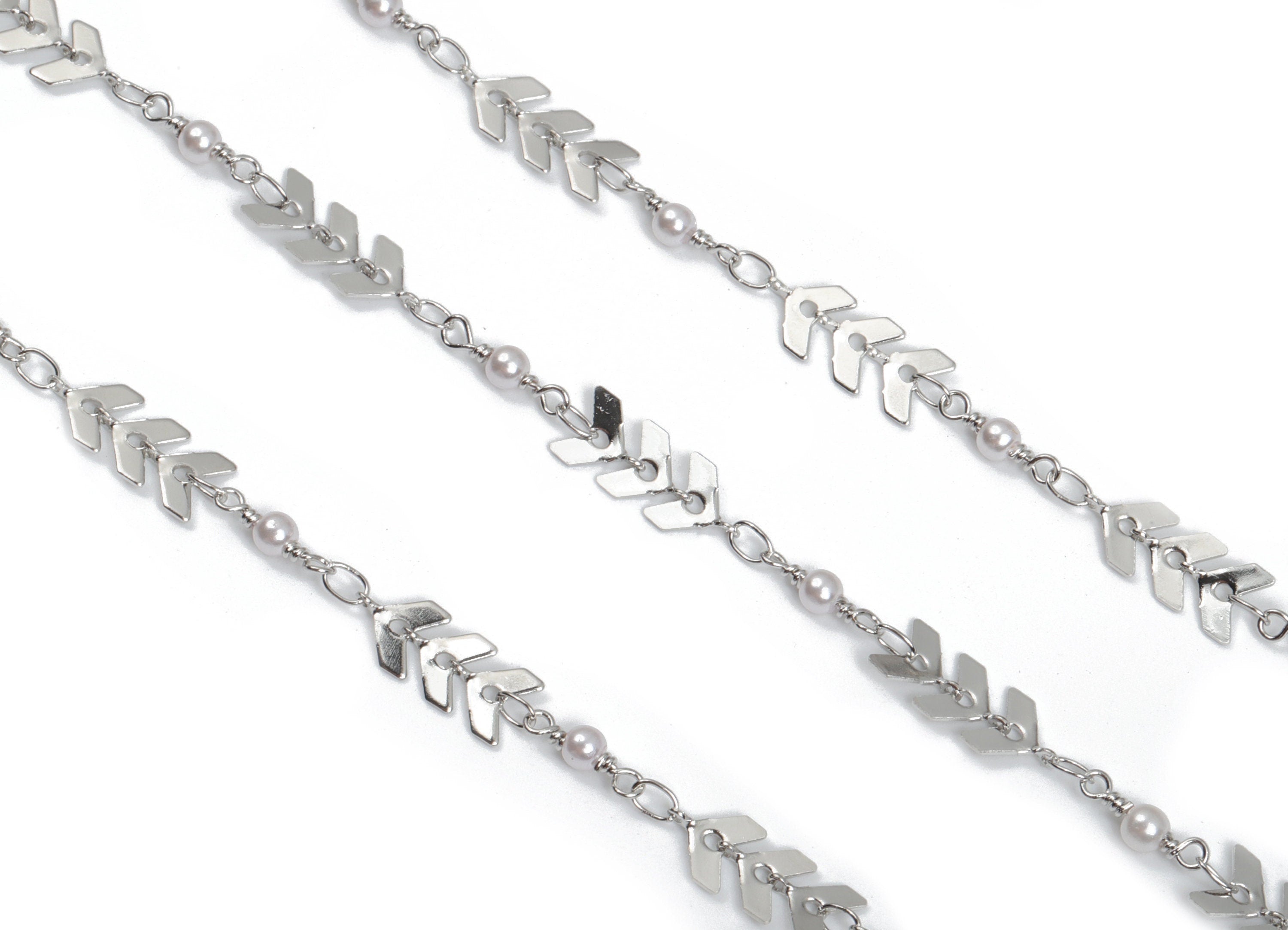 Pearl Satellite Arrow Chain - Silver Tone Plated Brass Chain - Soldered Beaded Chain - For Necklace Bracelet 0.26"x0.25"x0.02" CC1216S - DOMEDBAZAAR