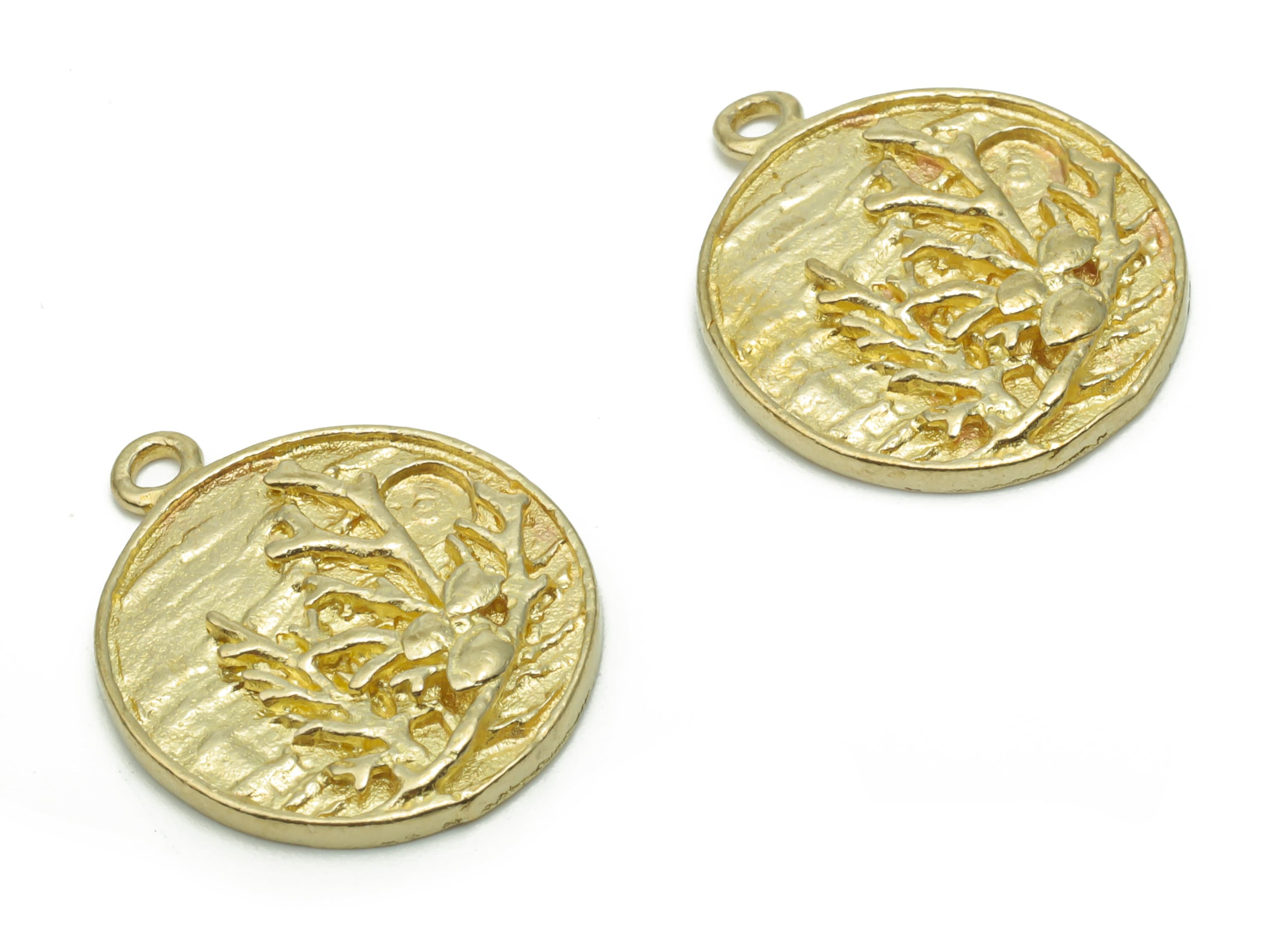 BrassTexture Round Branches Earring Charms - Raw Brass Tree Circle Pendant - Jewelry Making Supplies - 20.44x17.76x2.22mm - PP5024 - DOMEDBAZAAR