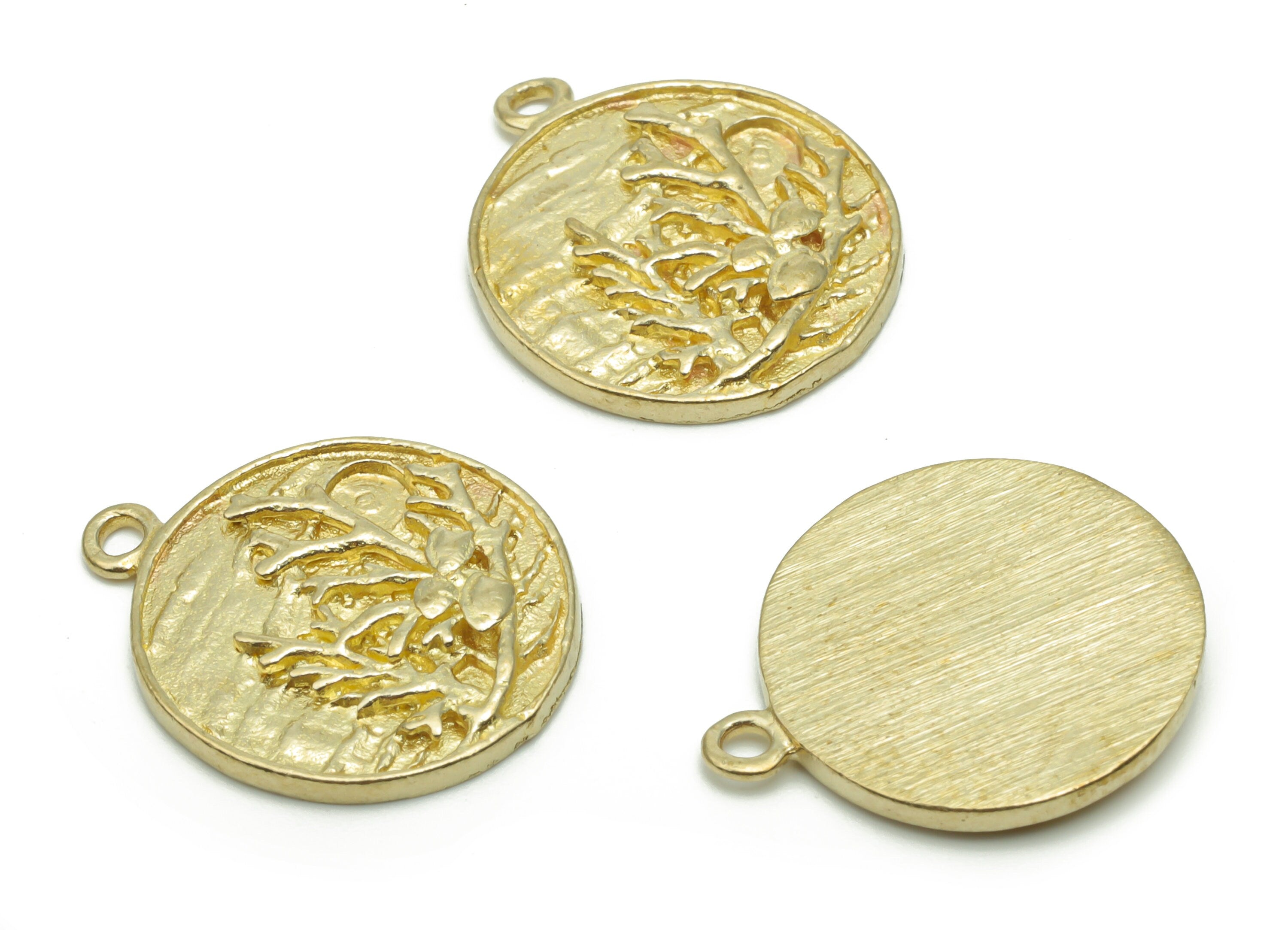 BrassTexture Round Branches Earring Charms - Raw Brass Tree Circle Pendant - Jewelry Making Supplies - 20.44x17.76x2.22mm - PP5024 - DOMEDBAZAAR