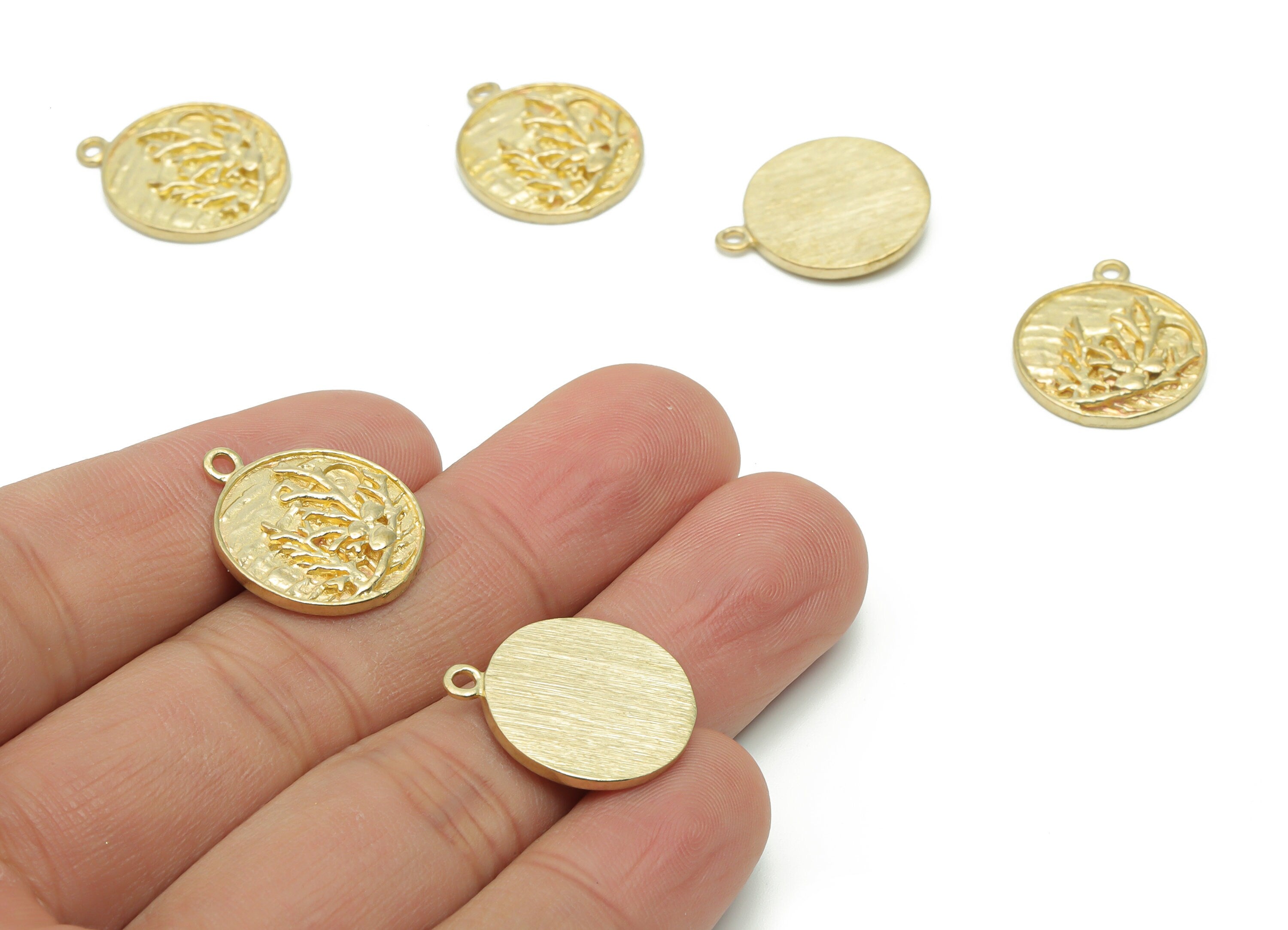 BrassTexture Round Branches Earring Charms - Raw Brass Tree Circle Pendant - Jewelry Making Supplies - 20.44x17.76x2.22mm - PP5024 - DOMEDBAZAAR