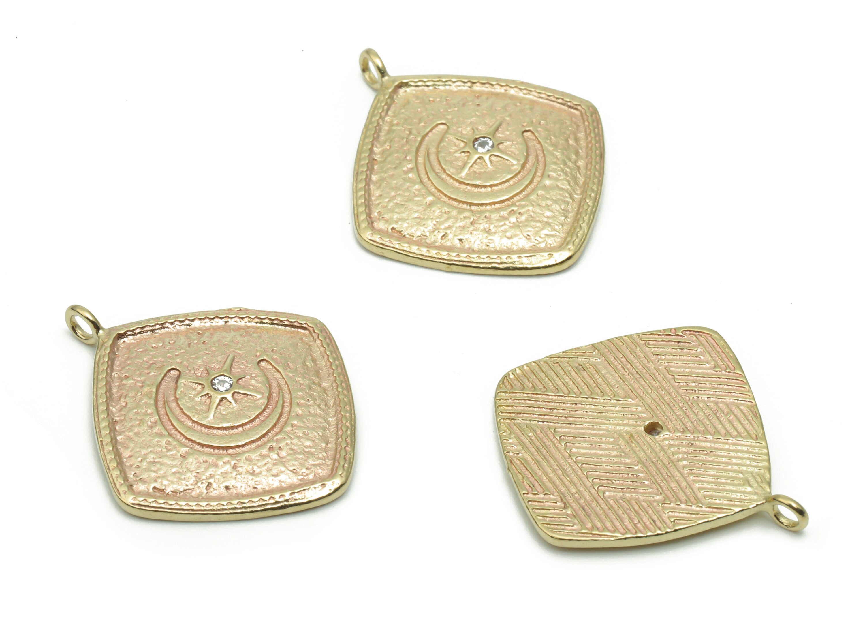 Brass Square Moon Star Earring Charms With Zircon - Raw Brass Crescent Square Pendant - Jewelry Making Supplies - 23.03x19.88x1.76mm -PP5025 - DOMEDBAZAAR