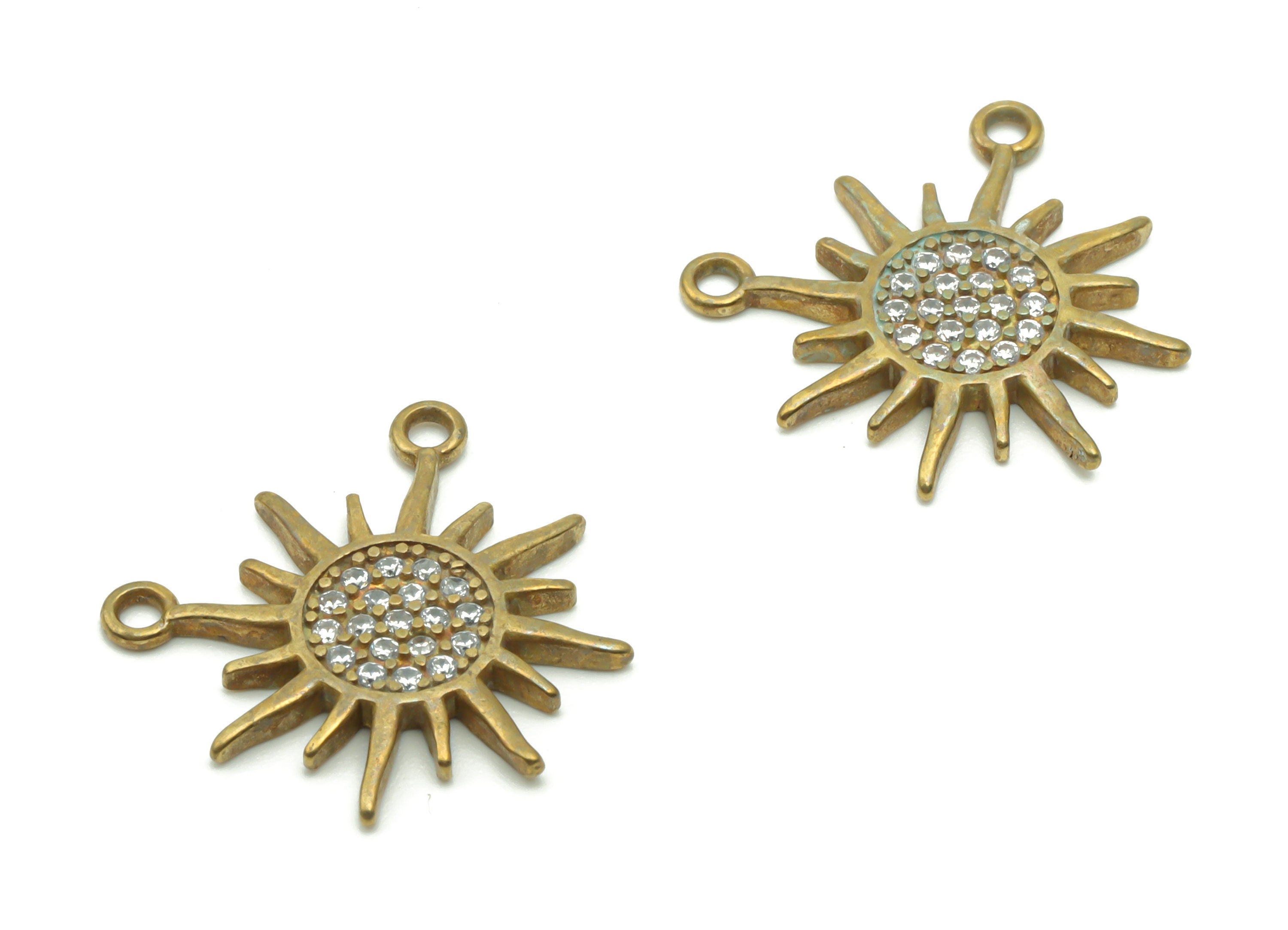 Brass Sun Earring Connector With Zircons - Raw Brass Sun Charms and Pendant - Jewelry Making Supplies - 18.82x17.41x1.68mm - PP4979 - DOMEDBAZAAR