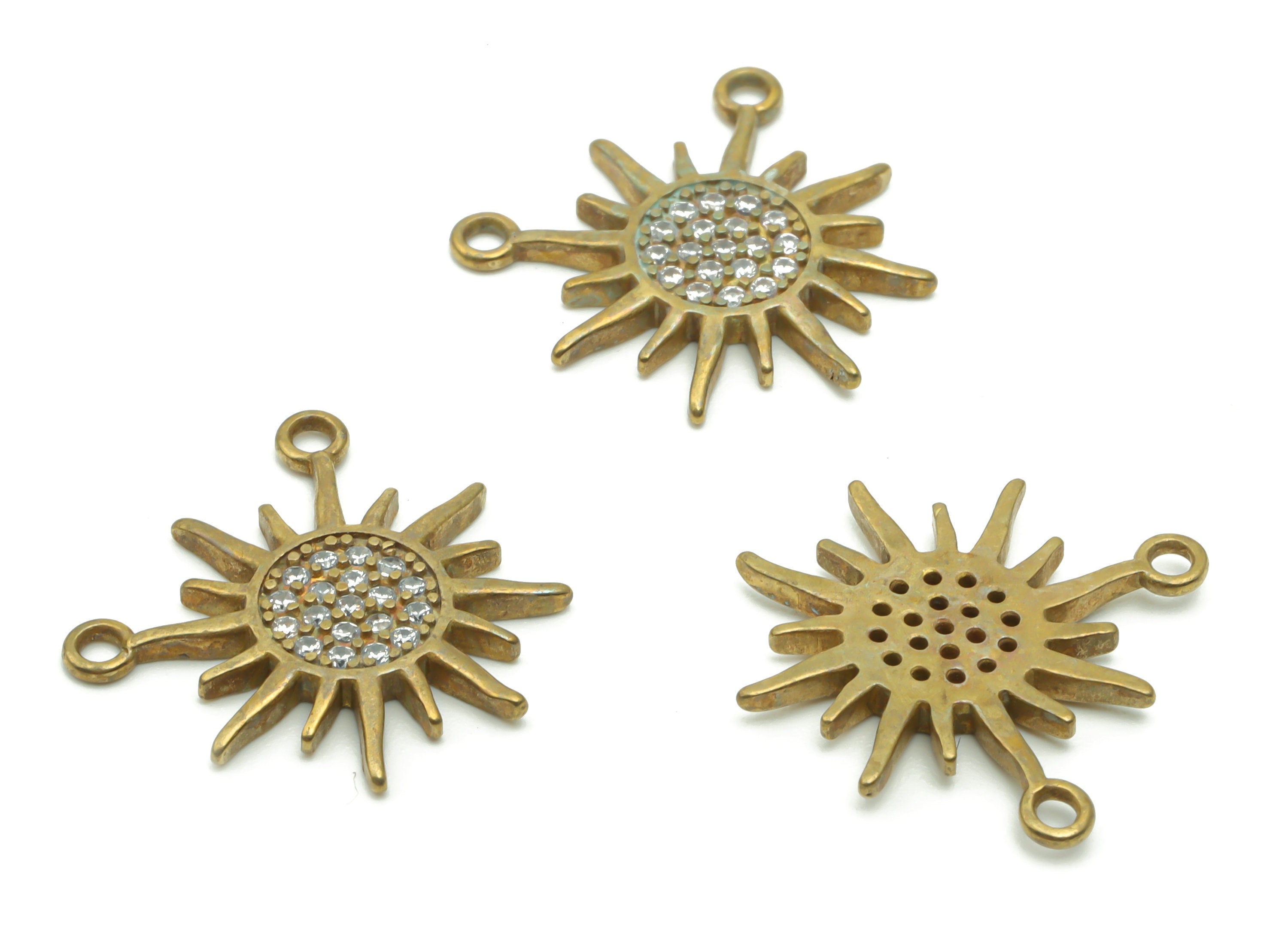 Brass Sun Earring Connector With Zircons - Raw Brass Sun Charms and Pendant - Jewelry Making Supplies - 18.82x17.41x1.68mm - PP4979 - DOMEDBAZAAR