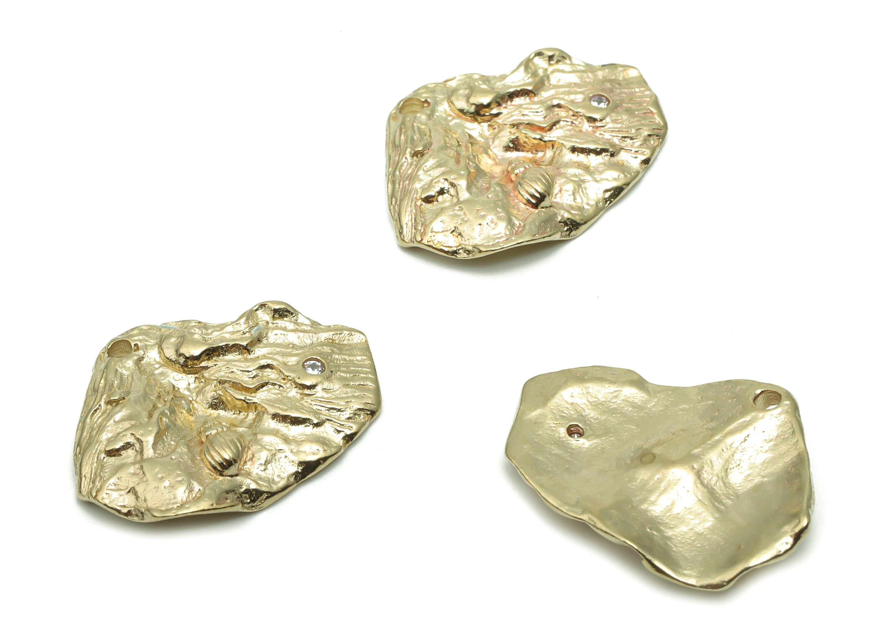Brass Hammered Irregular Earring Charms With Zircons - Raw Brass Look Fassil Irregular Pendant - Jewelry Supplies - 21.47x15.9x2.2mm -PP5065 - DOMEDBAZAAR