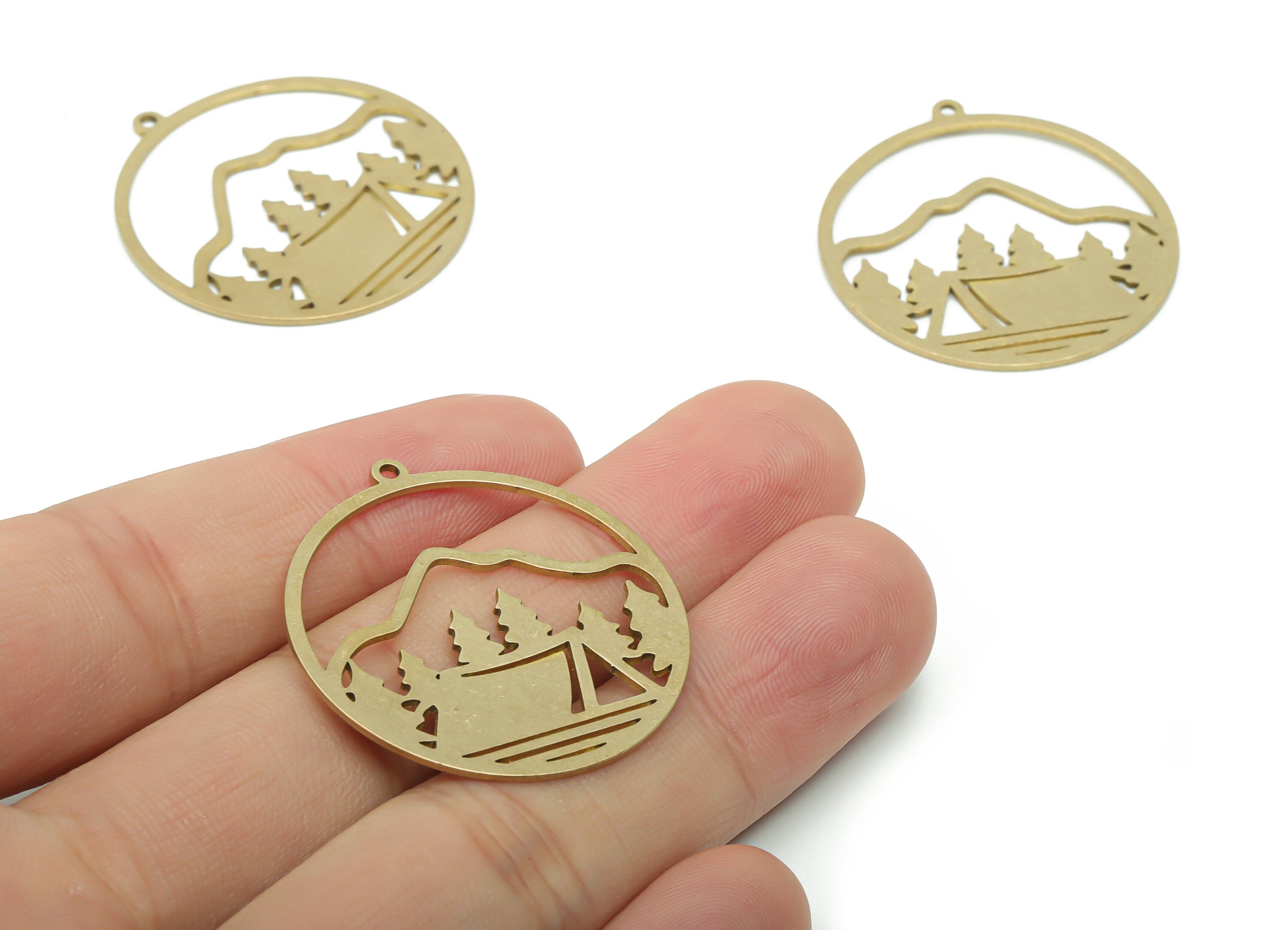 Brass Round Mountain Trees Earring Charms - Raw Brass Landscape Mountain Trees Pendant - Jewelry Supplies - 34.72x32.44x0.77mm - PPZ0125 - DOMEDBAZAAR
