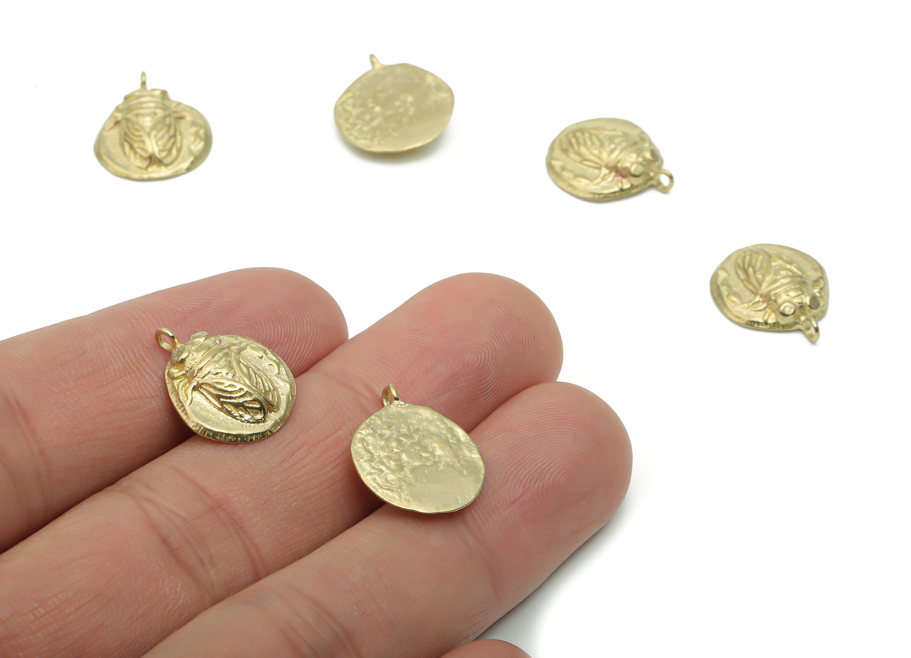 Brass Round Beetle Earring Charms - Raw Brass Insect Circle Pendant - DIY Jewelry Making Supplies - 16.57x13.64x3.34mm - PP5070 - DOMEDBAZAAR