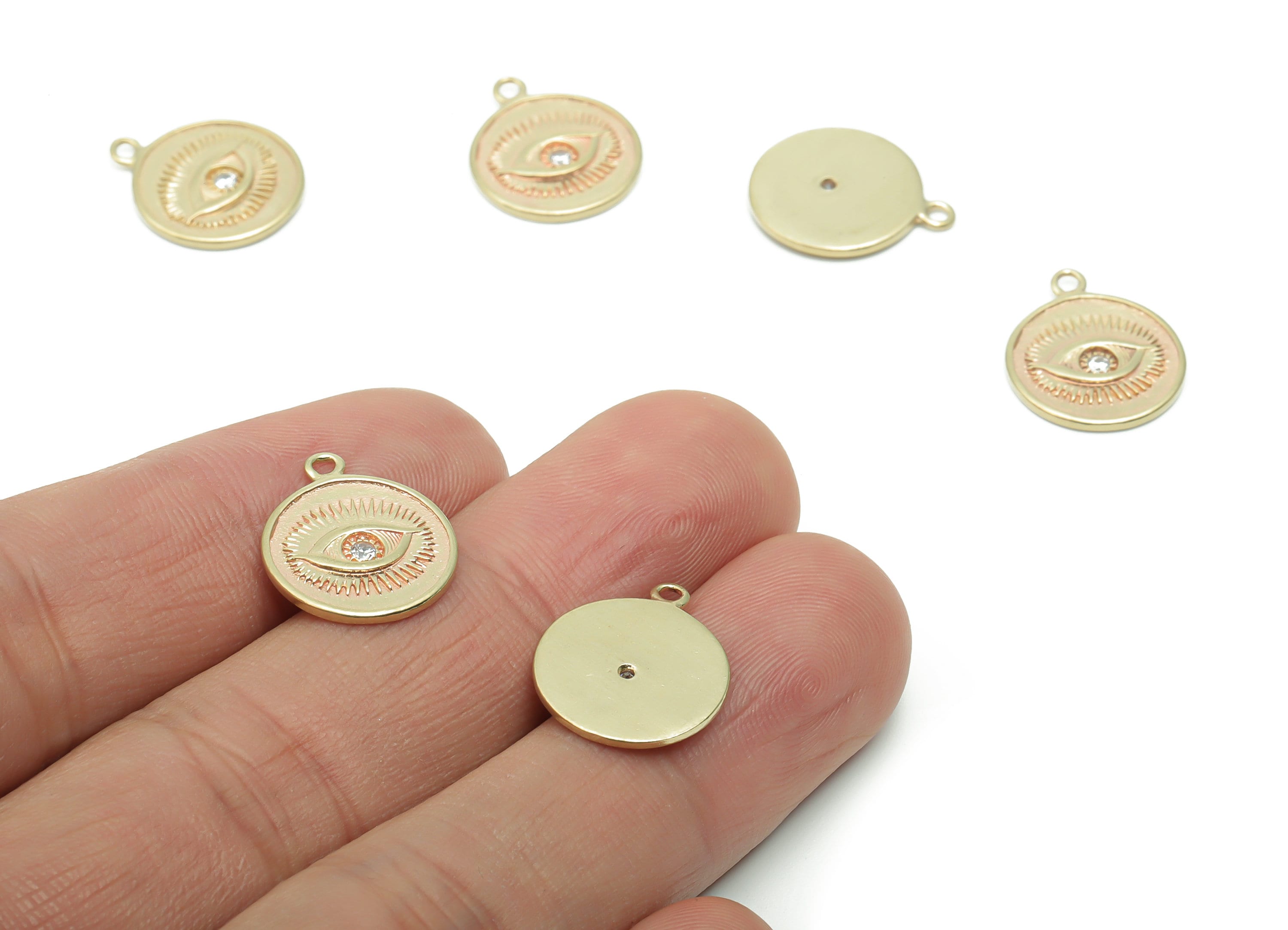 Brass Round Eye Earring Charms With Zircons - Raw Brass Eye Circle Pendant - Jewelry Making Supplies - 16.52x13.78x1.4mm - PP5014 - DOMEDBAZAAR