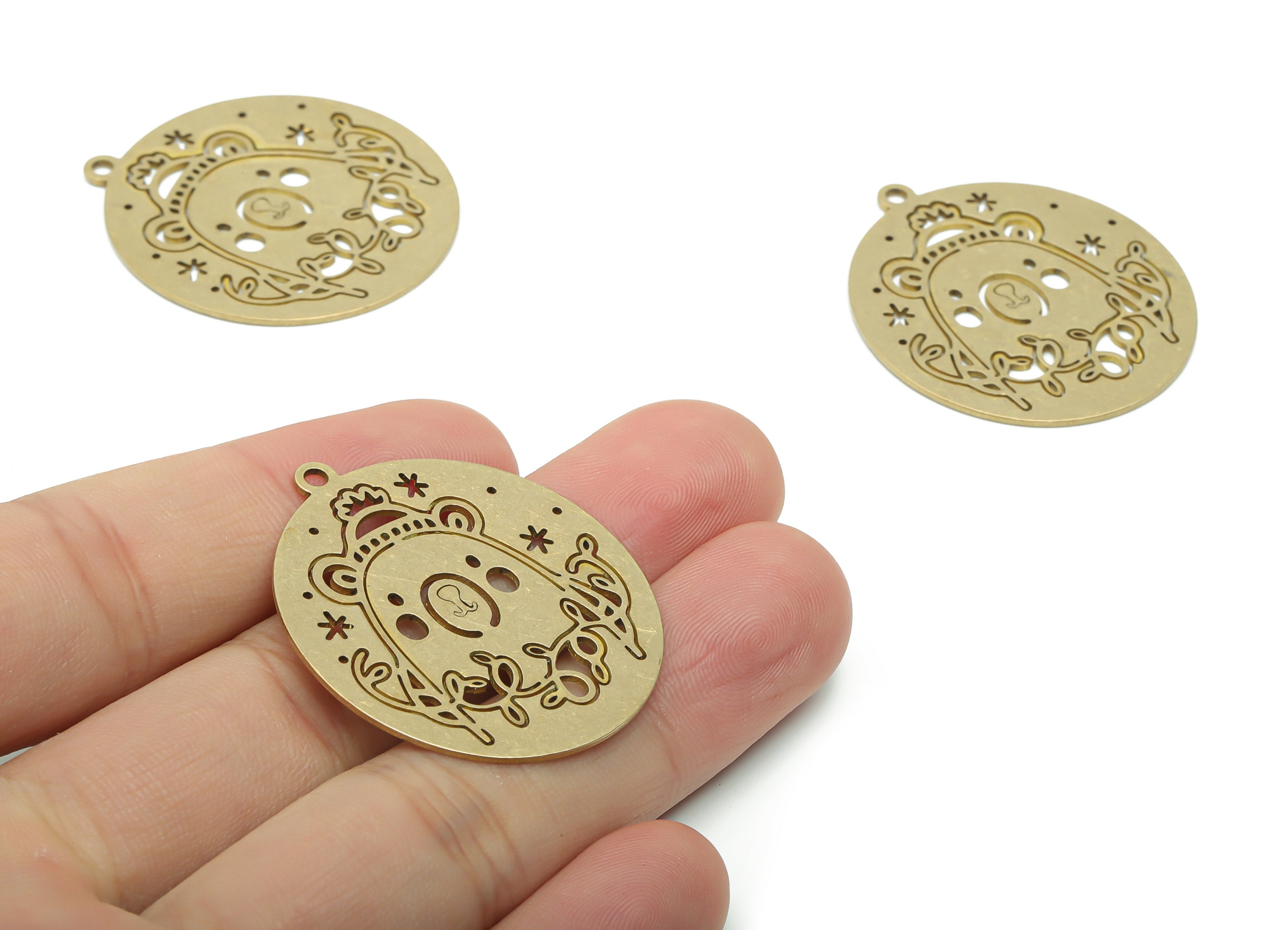 Brass Round Bear Planet Branch Earring Charms - Raw Brass Child Bear Star Branch Circle Pendant - Jewelry Supplies - 37.7x32.9x08mm -PPZ0111 - DOMEDBAZAAR