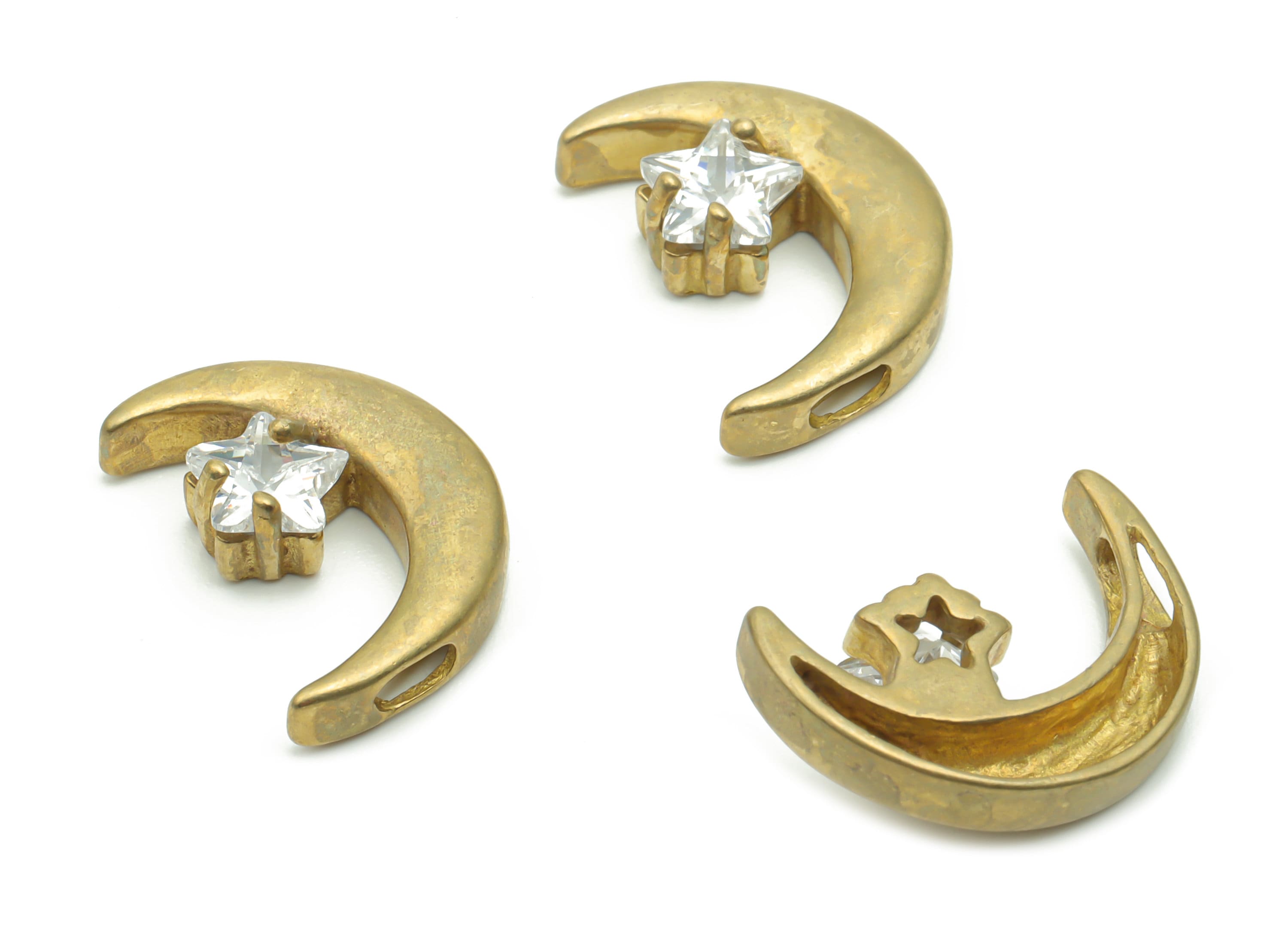 Brass Moon Star Earring Connector With Zircons - Raw Brass Crescent Charms and Pendant - Jewelry Making Supplies - 16.83x12.4x4.8mm - PP4995 - DOMEDBAZAAR