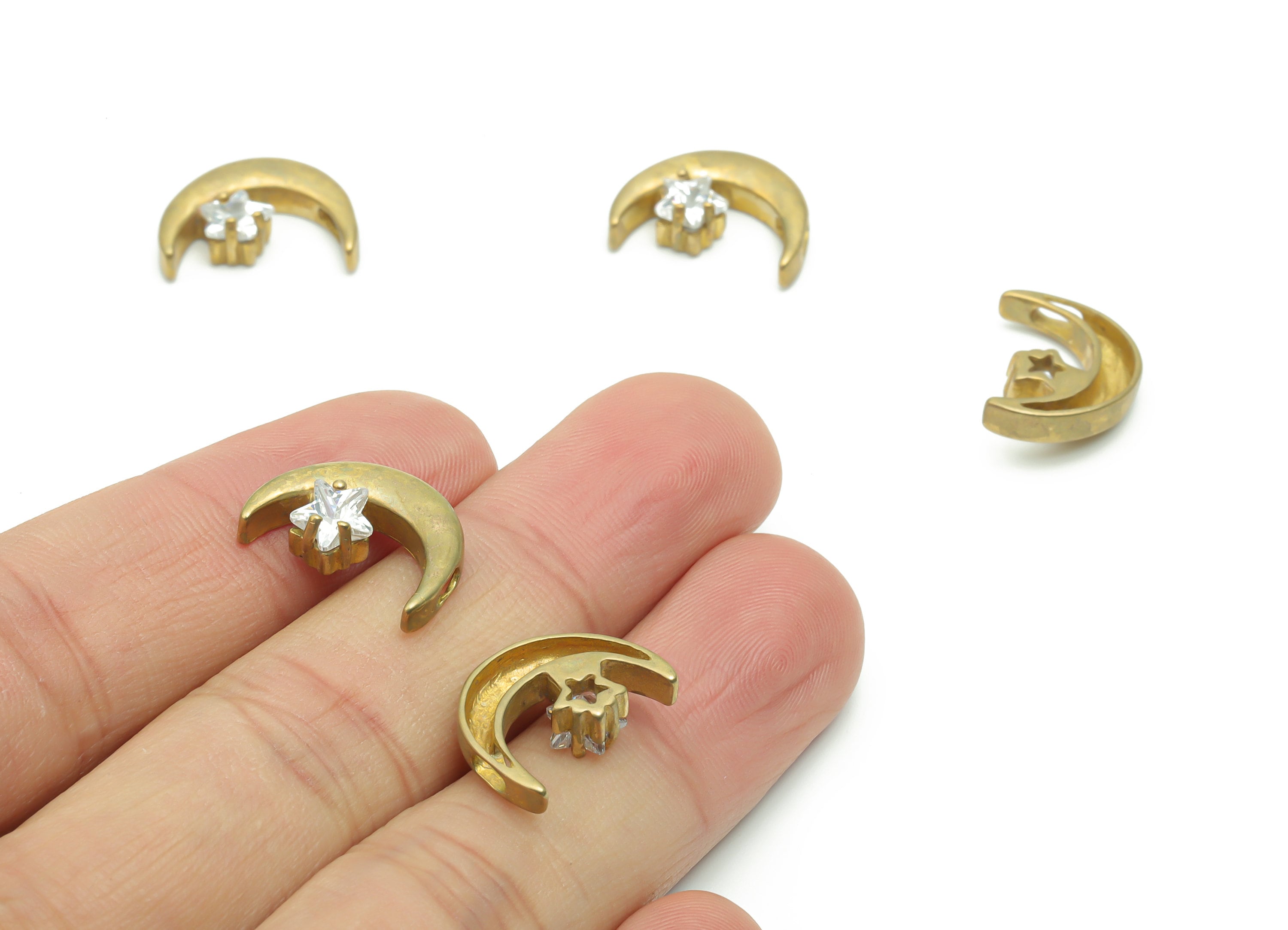Brass Moon Star Earring Connector With Zircons - Raw Brass Crescent Charms and Pendant - Jewelry Making Supplies - 16.83x12.4x4.8mm - PP4995 - DOMEDBAZAAR