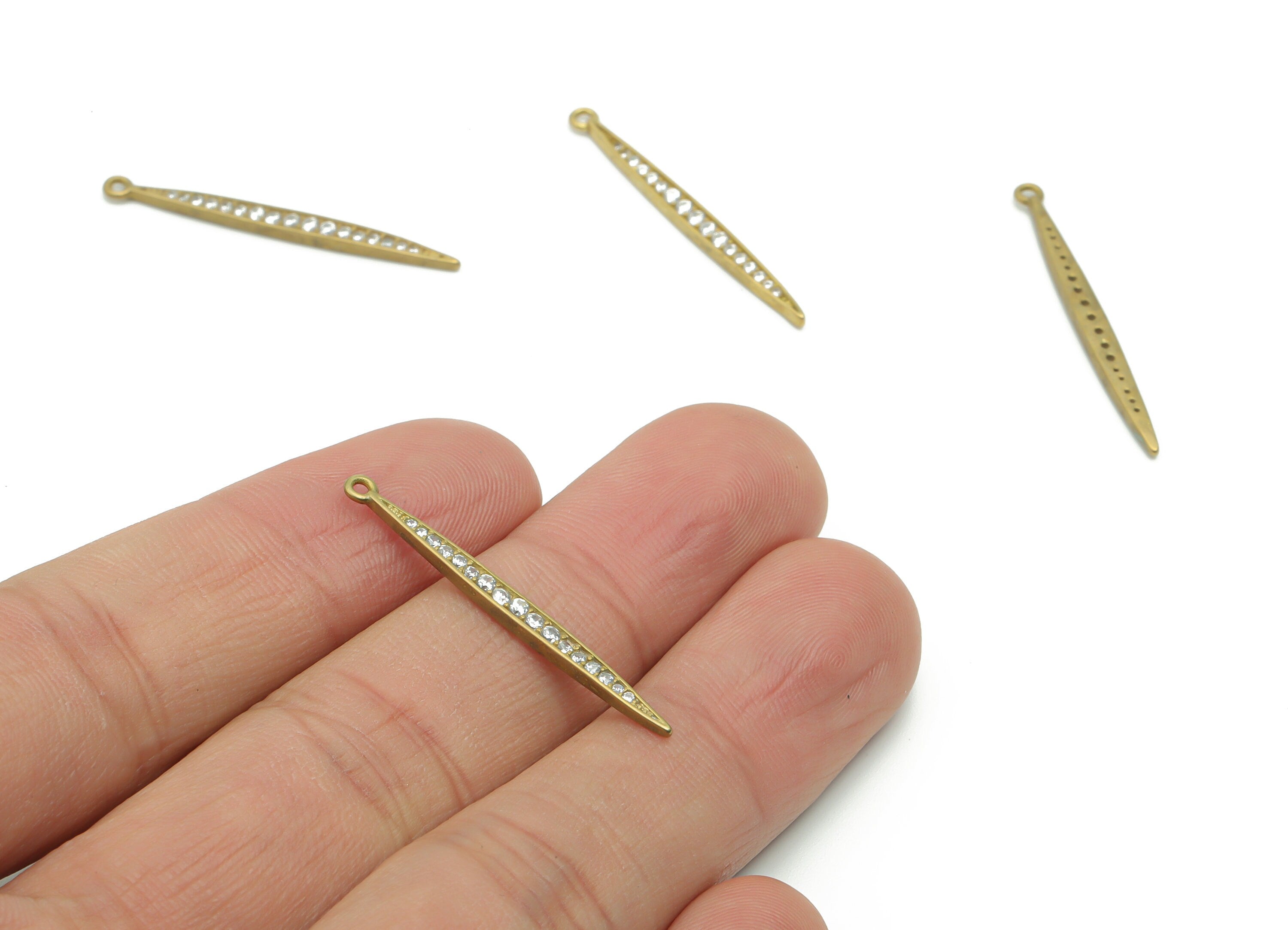 Brass Oval Stick Earring Charms With Zircons - Raw Brass Oval Stick Pendant - Jewelry Making Supplies - 33.58x2.6x1.5mm - PP4986 - DOMEDBAZAAR