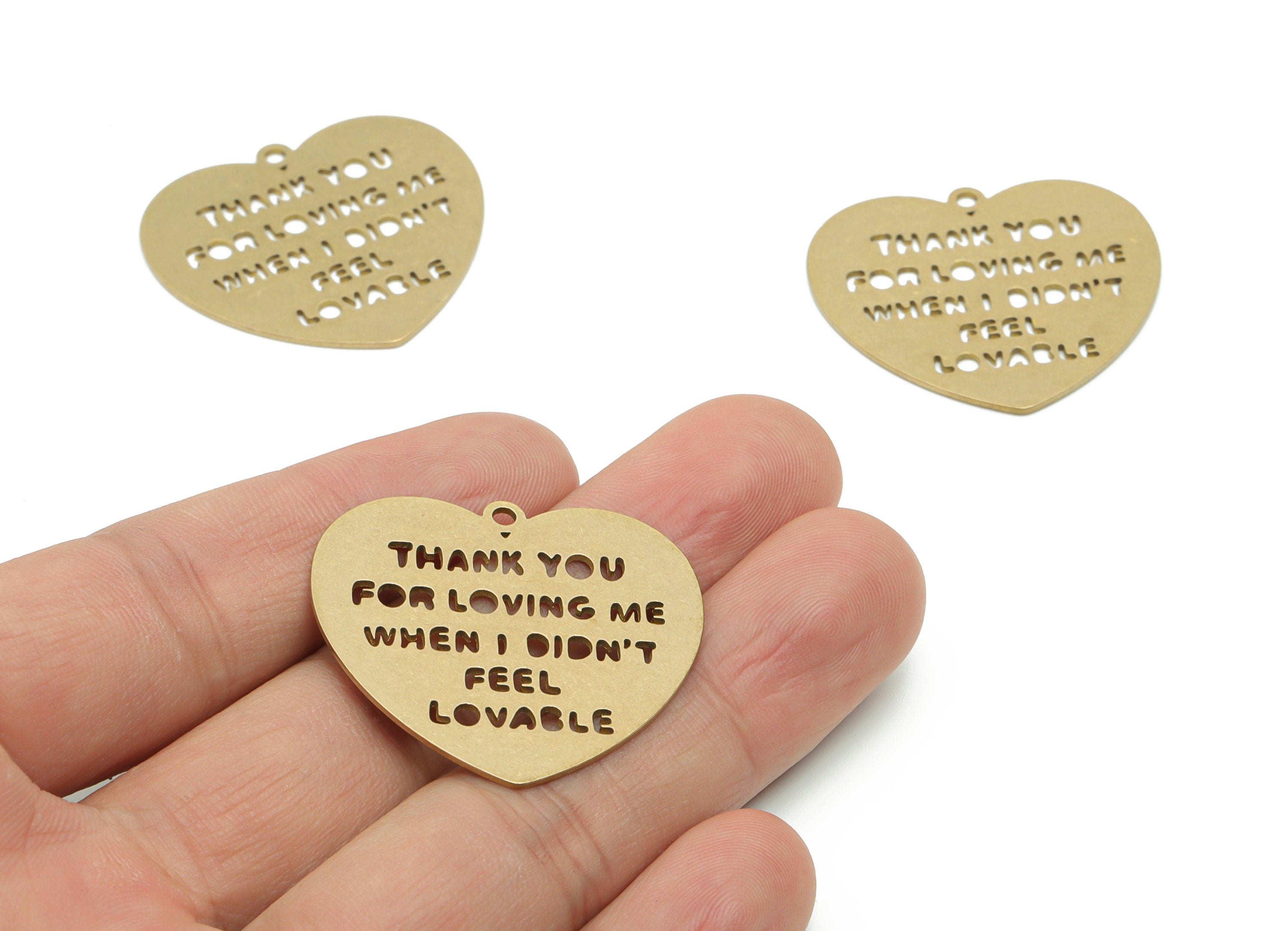 Customized Brass Heart Charms - Personalized Raw Brass Phrase Pendant - Custom Handwriting Keyring - DIY Earring - 34.8x32.4x0.8mm - PPZ0134 - DOMEDBAZAAR