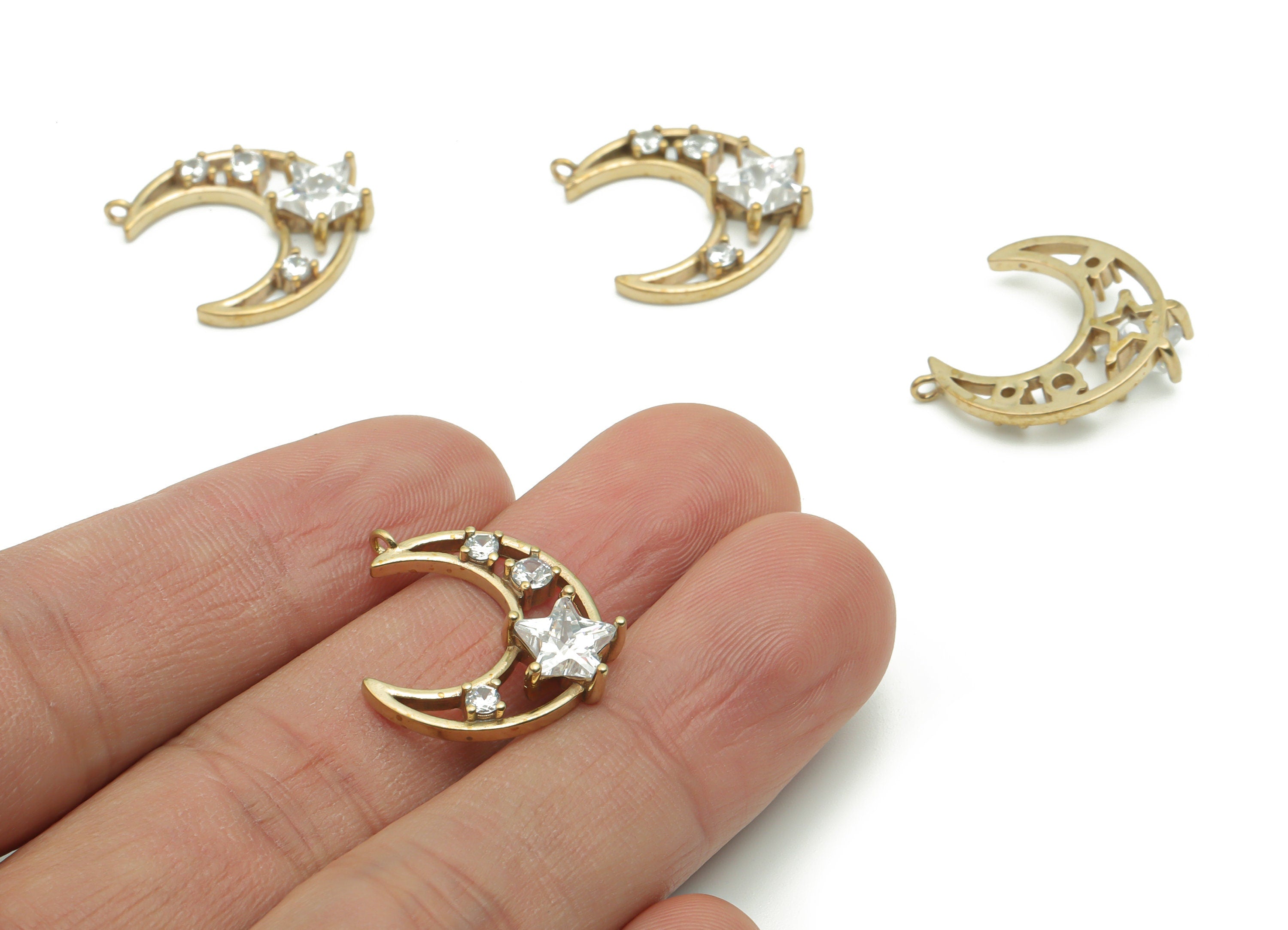 Brass Moon Star Earring Charms With Zircons - Raw Brass Crescent Star Pendant - Jewelry Making Supplies - 19.16x18.97x4.58mm - PP4994 - DOMEDBAZAAR