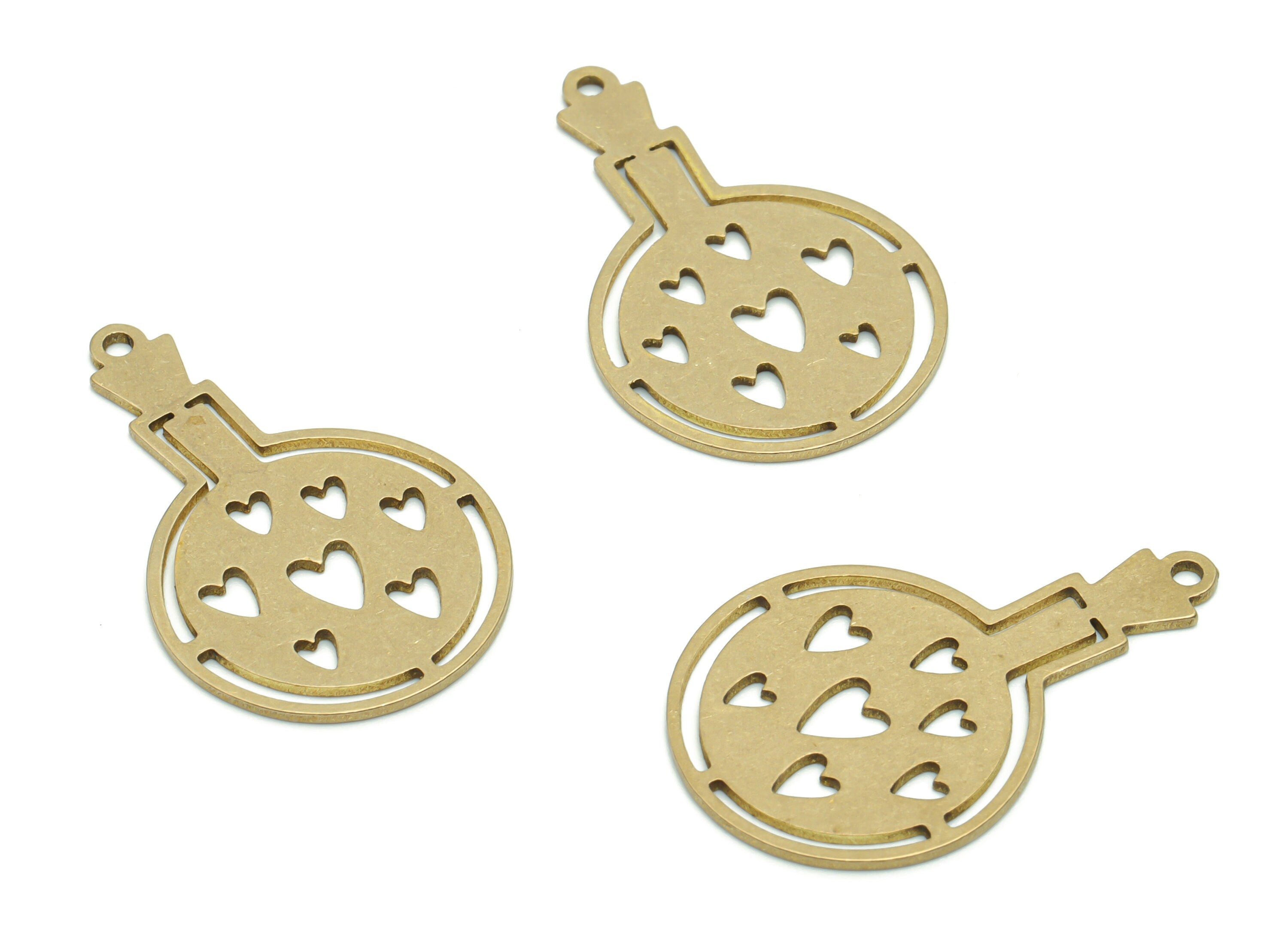 Brass Bottle Heart Earring Charms - Raw Brass Round Heart Pendant - Jewelry Making Supplies - 29.88x18.91x0.78mm - PPZ0128 - DOMEDBAZAAR